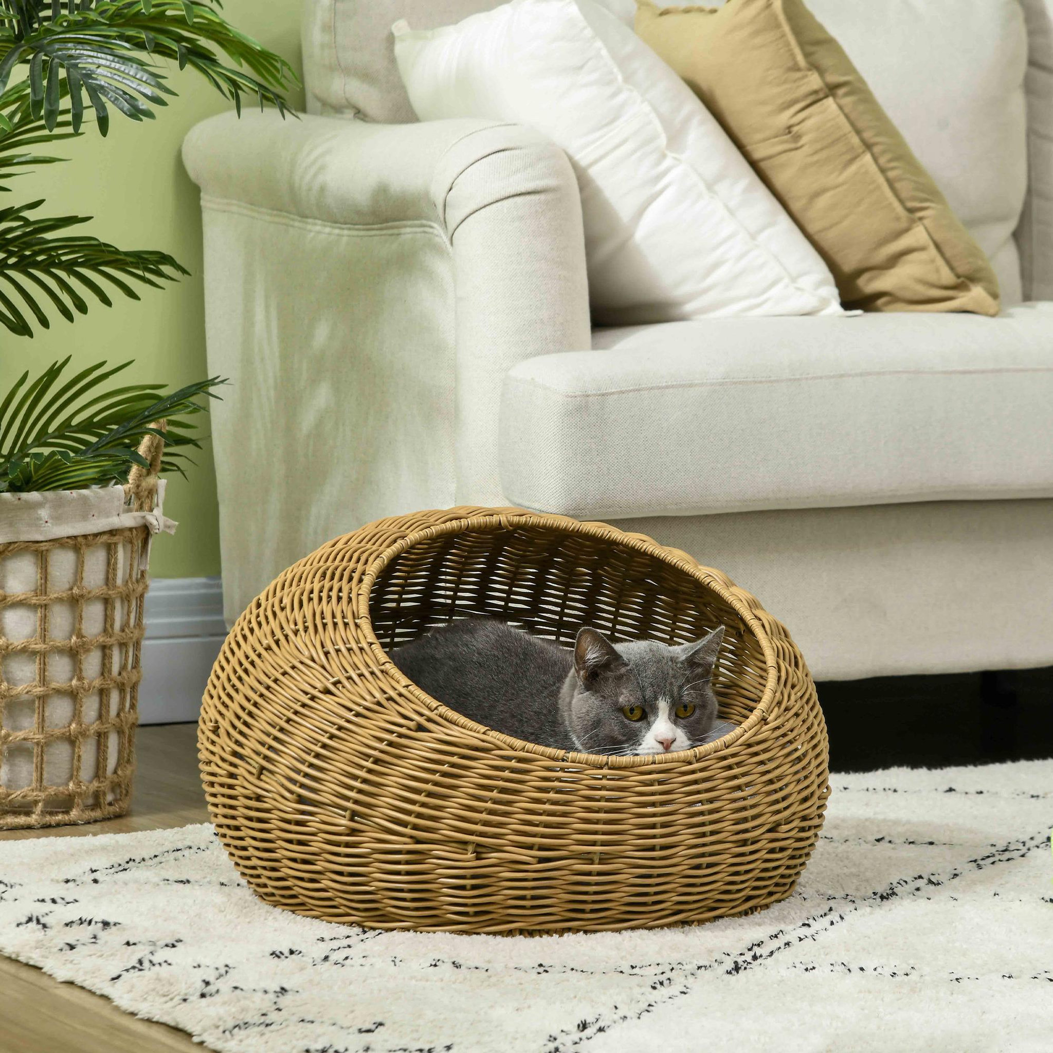 Voir la diapositive 2 : PAWHUT Niche pour chat lit pour chat panier de chat en résine tressée imitation rotin coussin doux déhoussable ø 50 x 31h cm marron clair