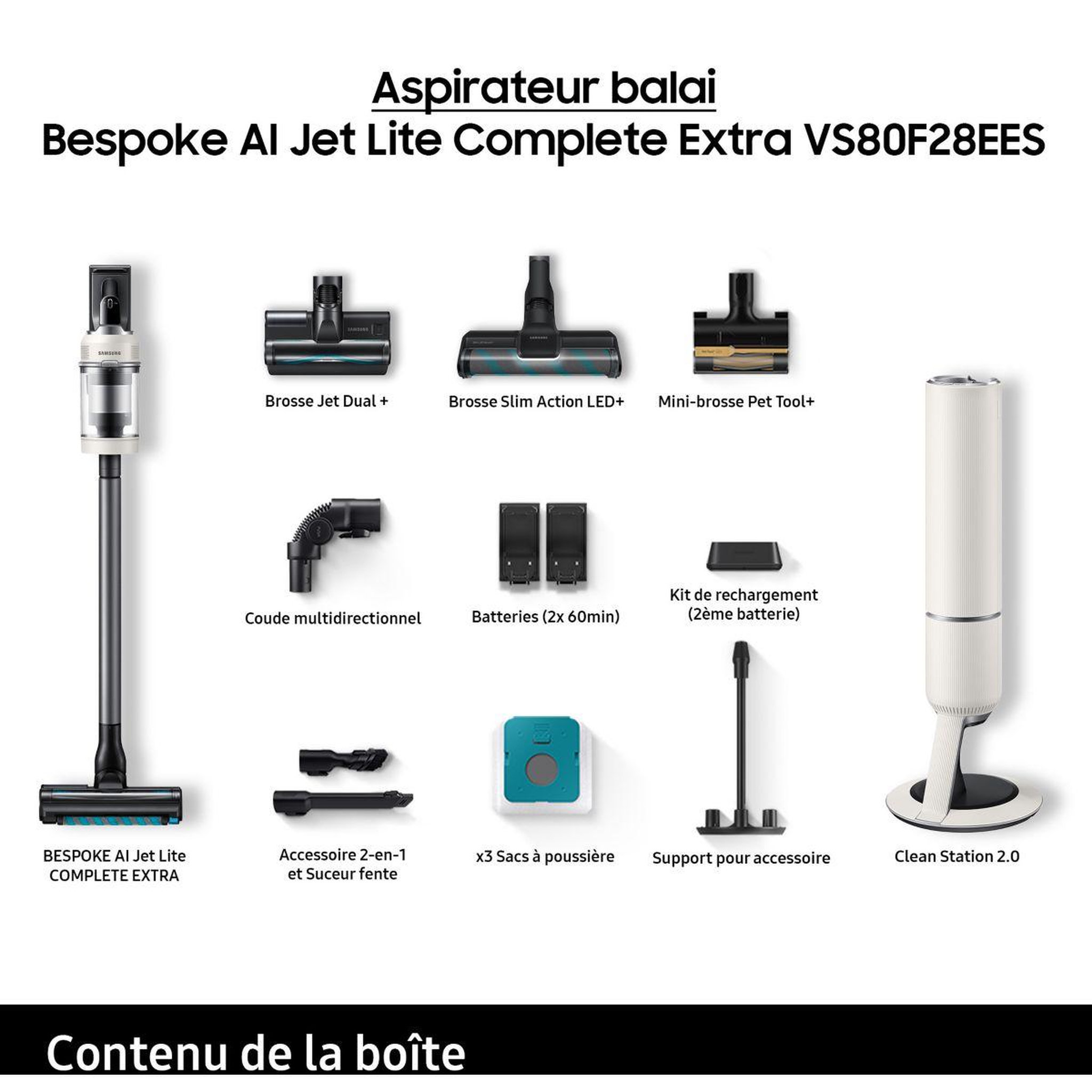 Voir la diapositive 4 : Samsung Aspirateur balai bespoke ai jet lite complete extra 2 batteries vs80f28ees