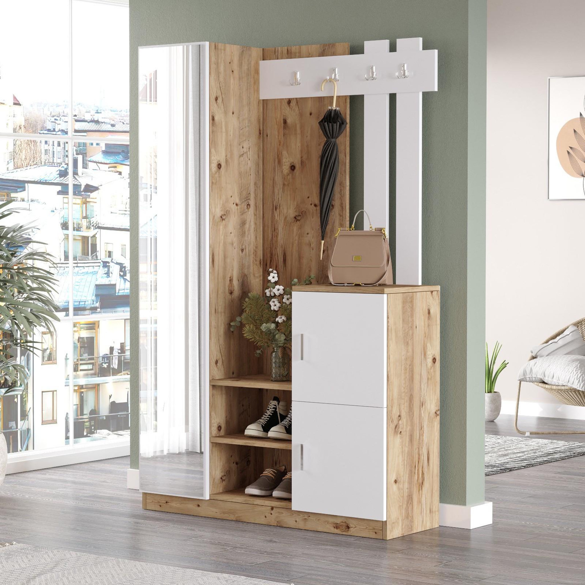 Voir la diapositive 3 : Habitat et Jardin Meuble d'entrée en bois  dd7  - 113 x 37 x 179 cm - blanc