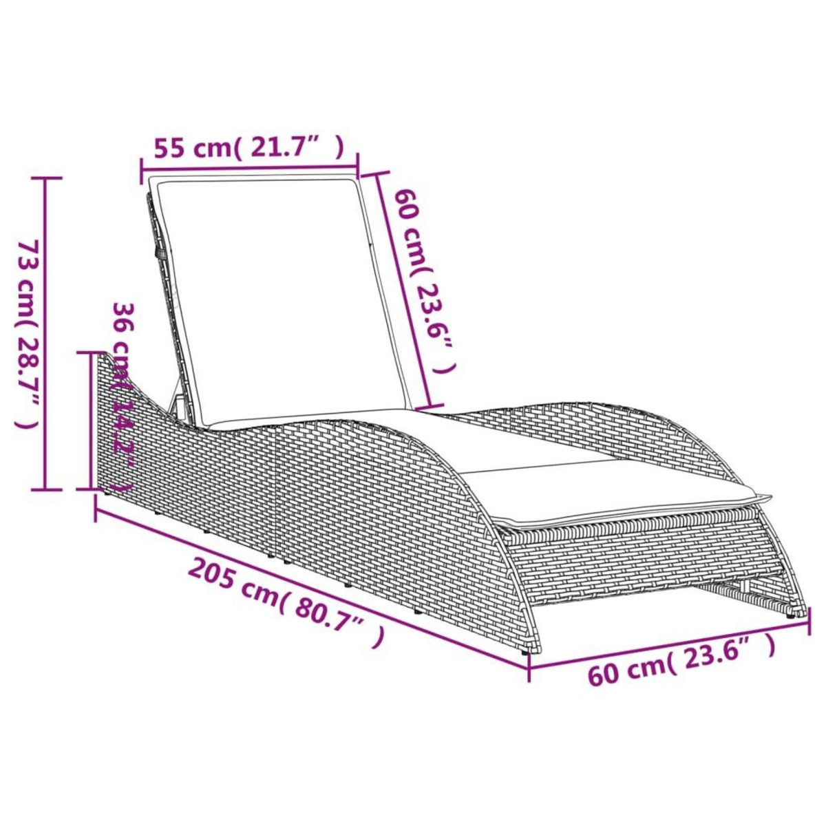 VIDAXL Chaise longue avec coussin gris clair 60x205x73 cm poly rotin
