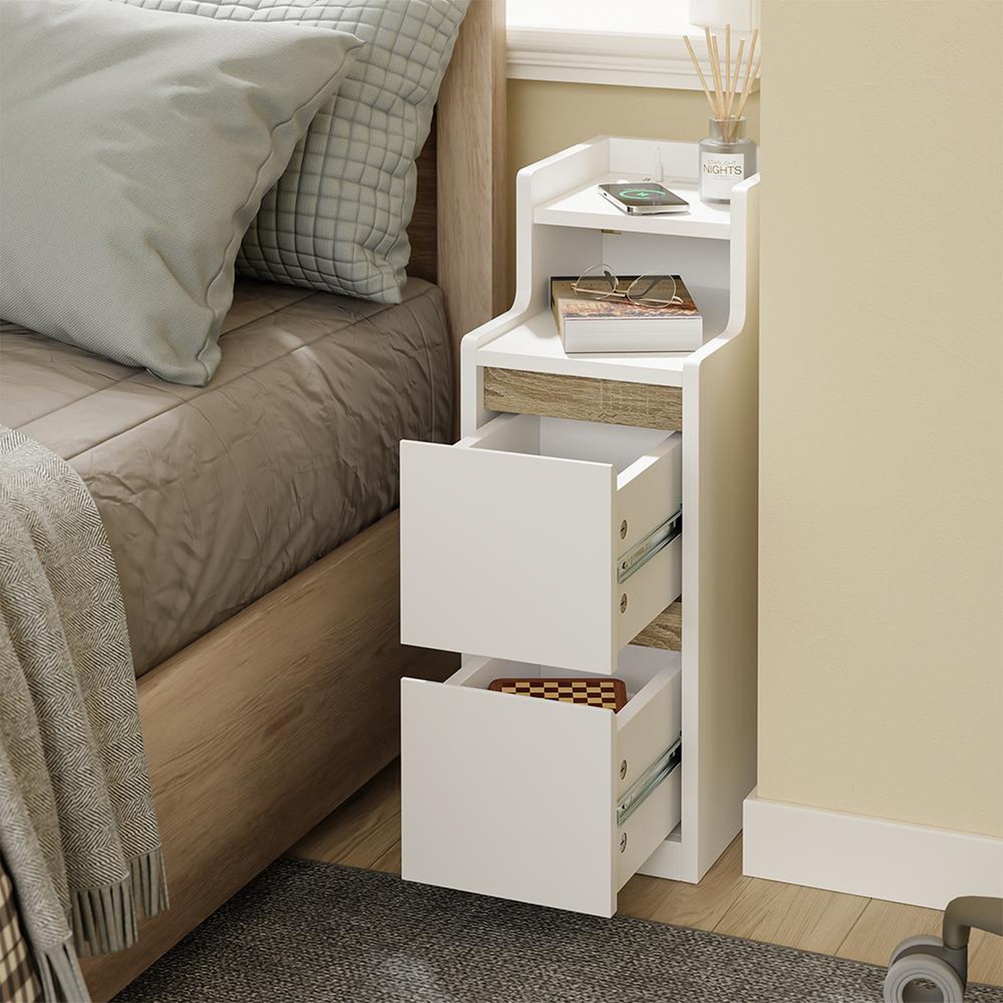 Voir la diapositive 4 : SOBUY Chevet avec 2 Tiroirs Blanc 22x34x60.5cm FBT178-E-WN