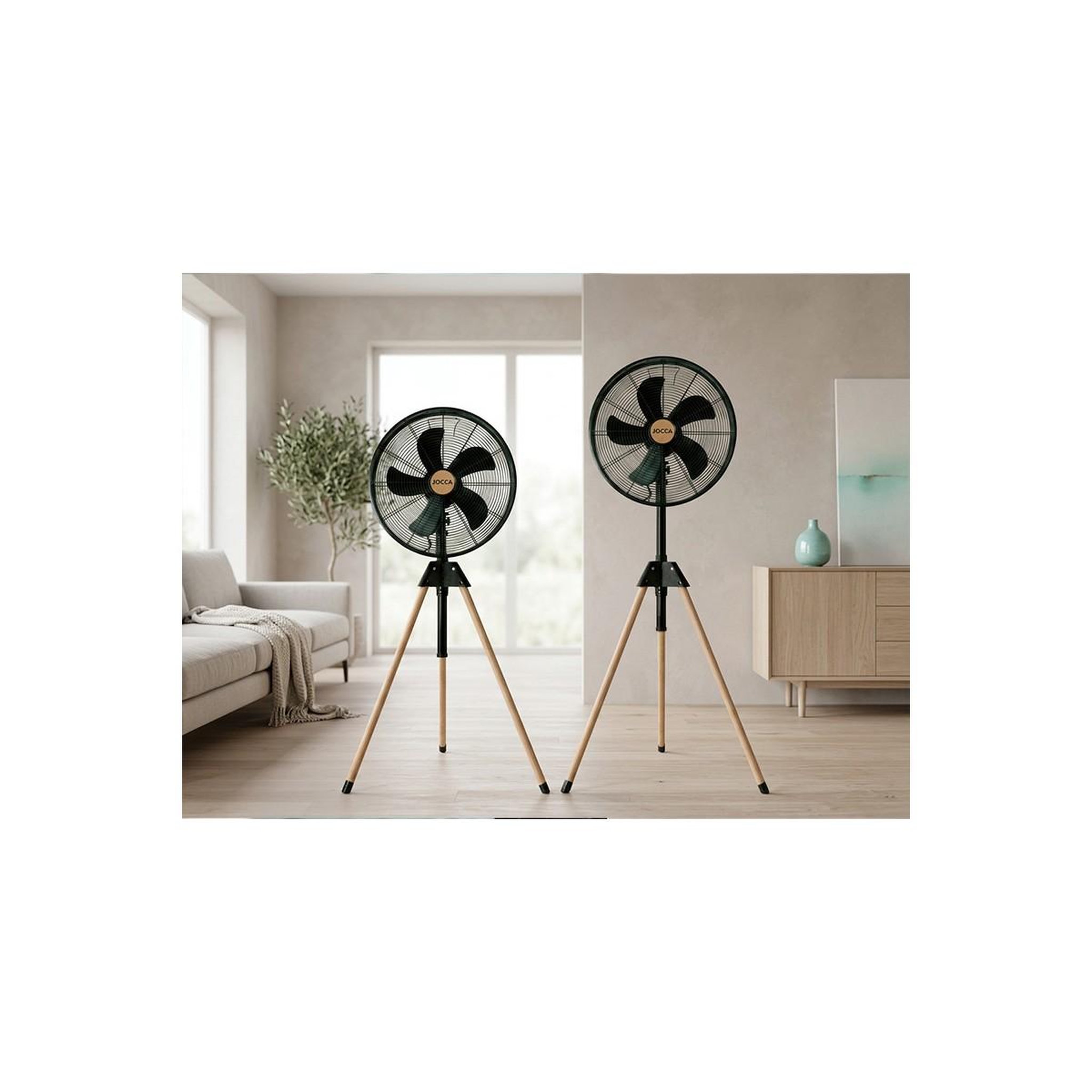 Voir la diapositive 4 : Jocca Ventilateur sur pied 50W Trépied Bois 5 Pales Ø40cm 3 Vitesses Oscillation Inclinaison & Hauteur Réglable 116 à 130 cm Jocca