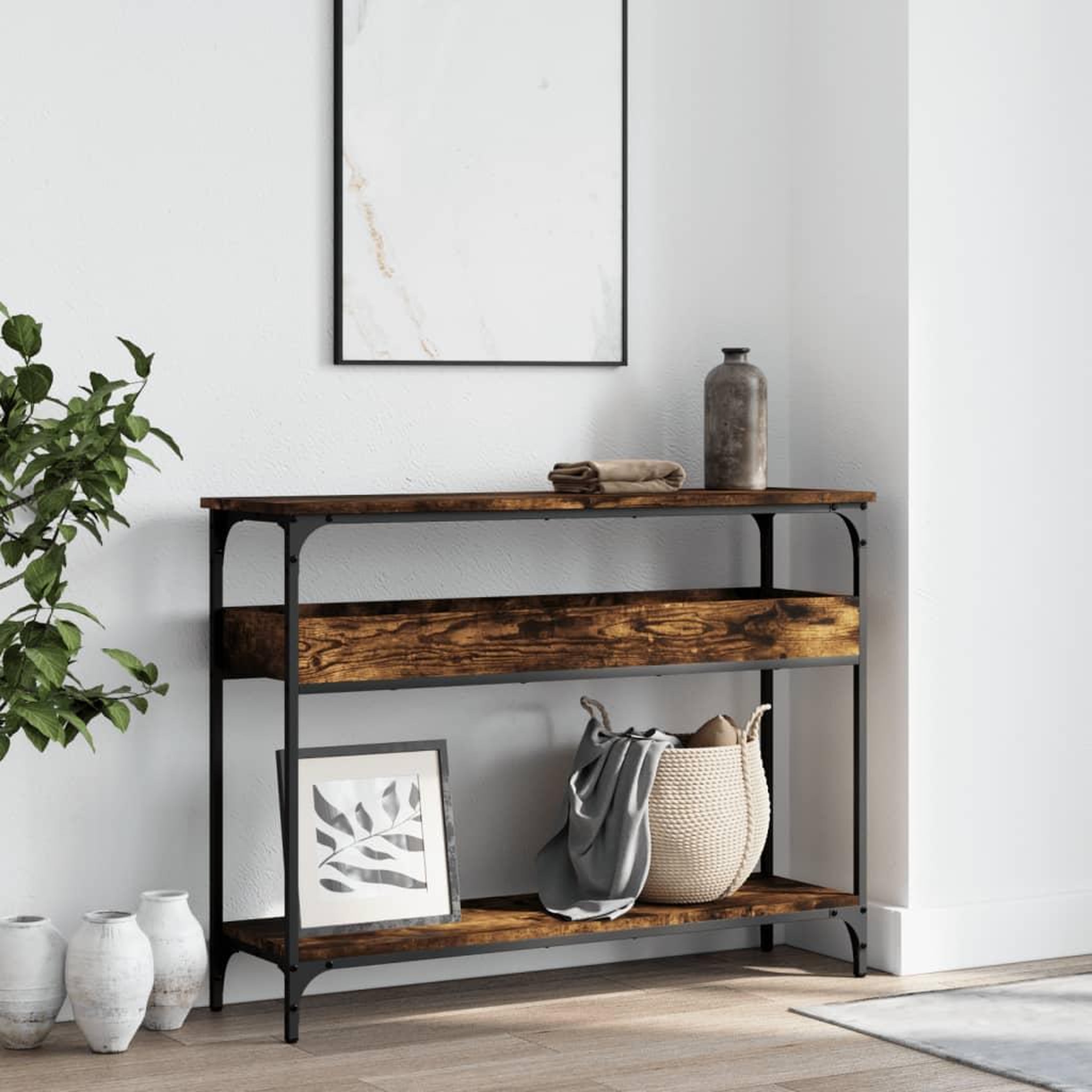 Voir la diapositive 3 : VIDAXL Table console avec etagere chene fume 100x29x75 cm