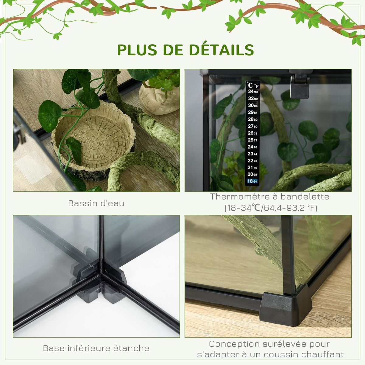 PAWHUT Terrarium verre transparent - couvercle treillis métallique coulissant verrouillable, trappe, distributeur eau, thermomètre - noir