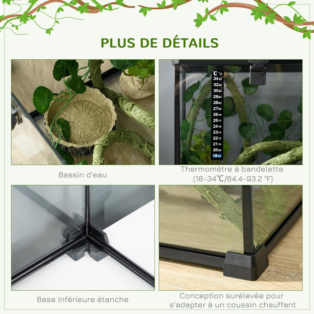 PAWHUT Terrarium verre transparent - couvercle treillis métallique coulissant verrouillable, trappe, distributeur eau, thermomètre - noir
