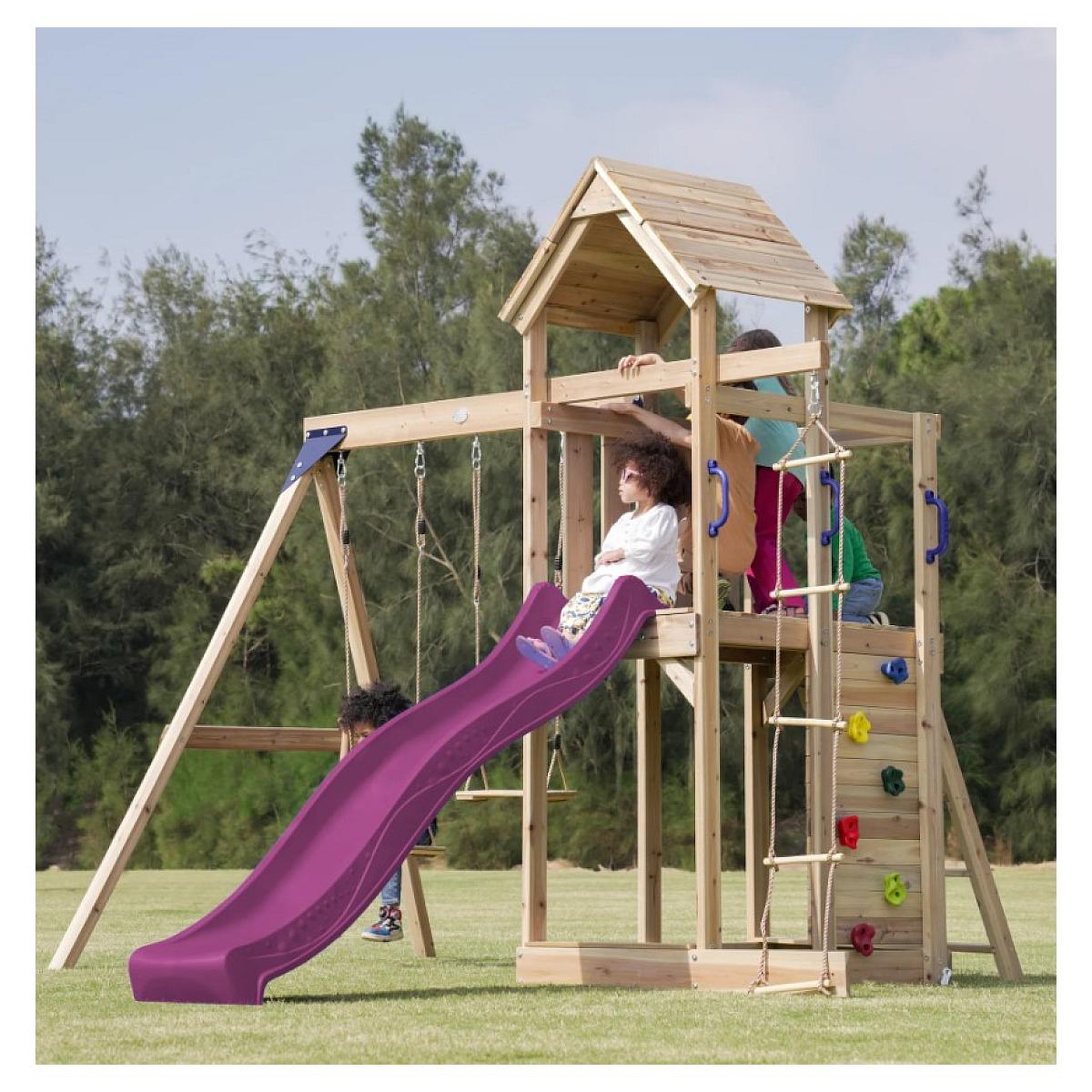 Voir la diapositive 3 : Axi House Portique Moos 2 balançoires + échelle toboggan violet
