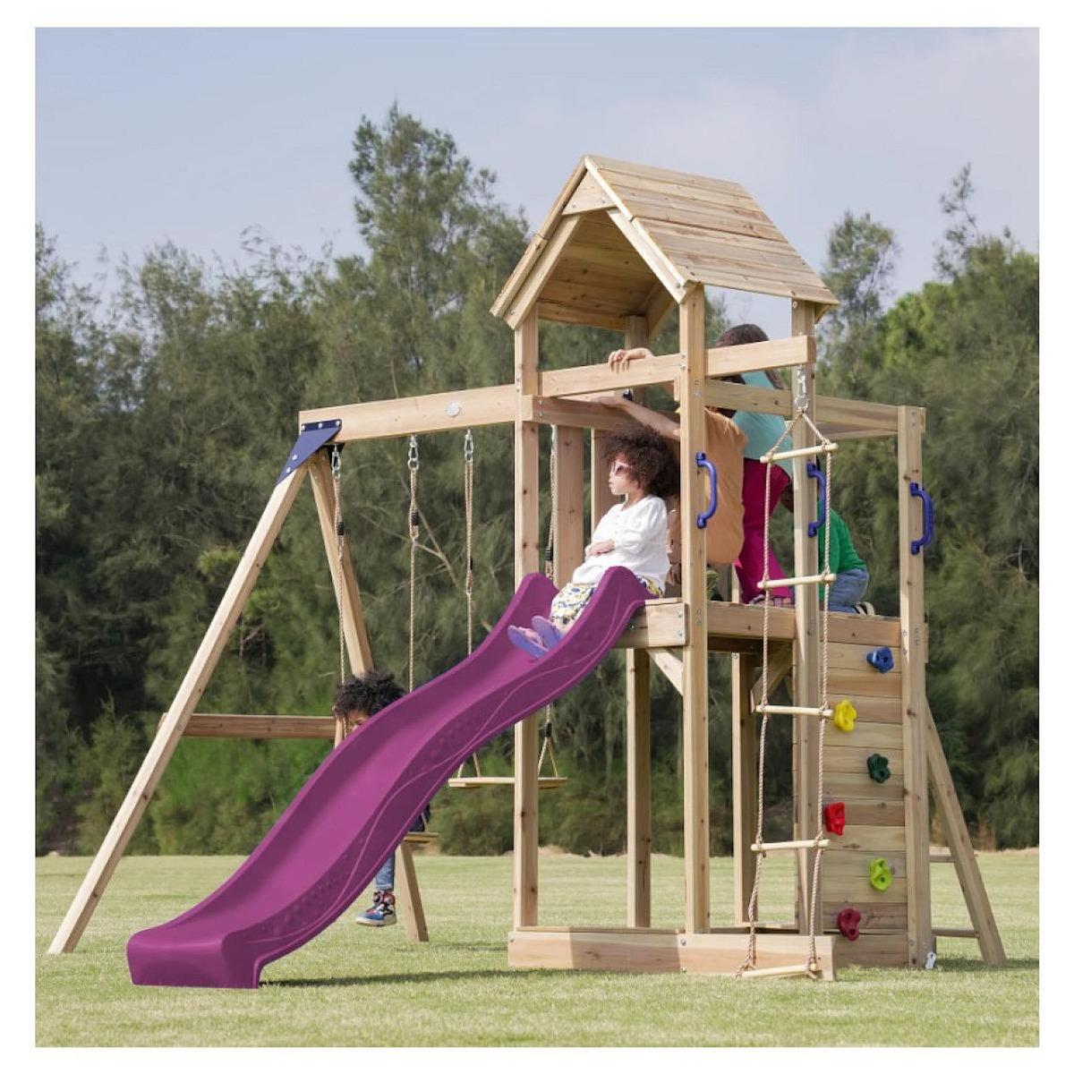 Axi House Portique Moos 2 balançoires + échelle toboggan violet