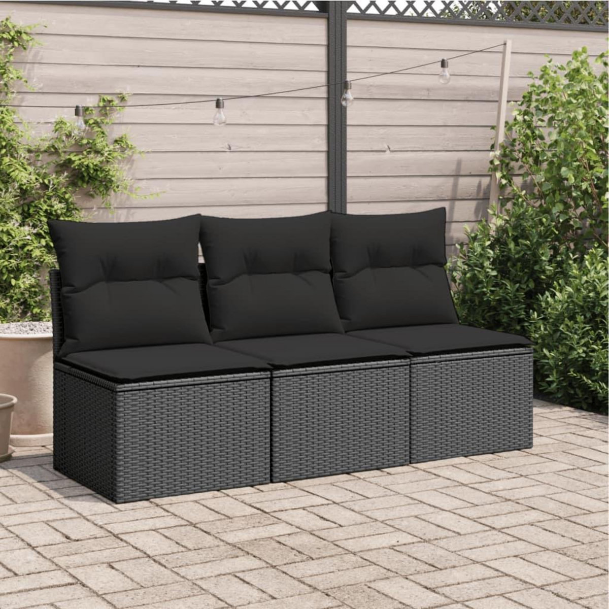 VIDAXL Canape de jardin avec coussins 3 places noir resine tressee