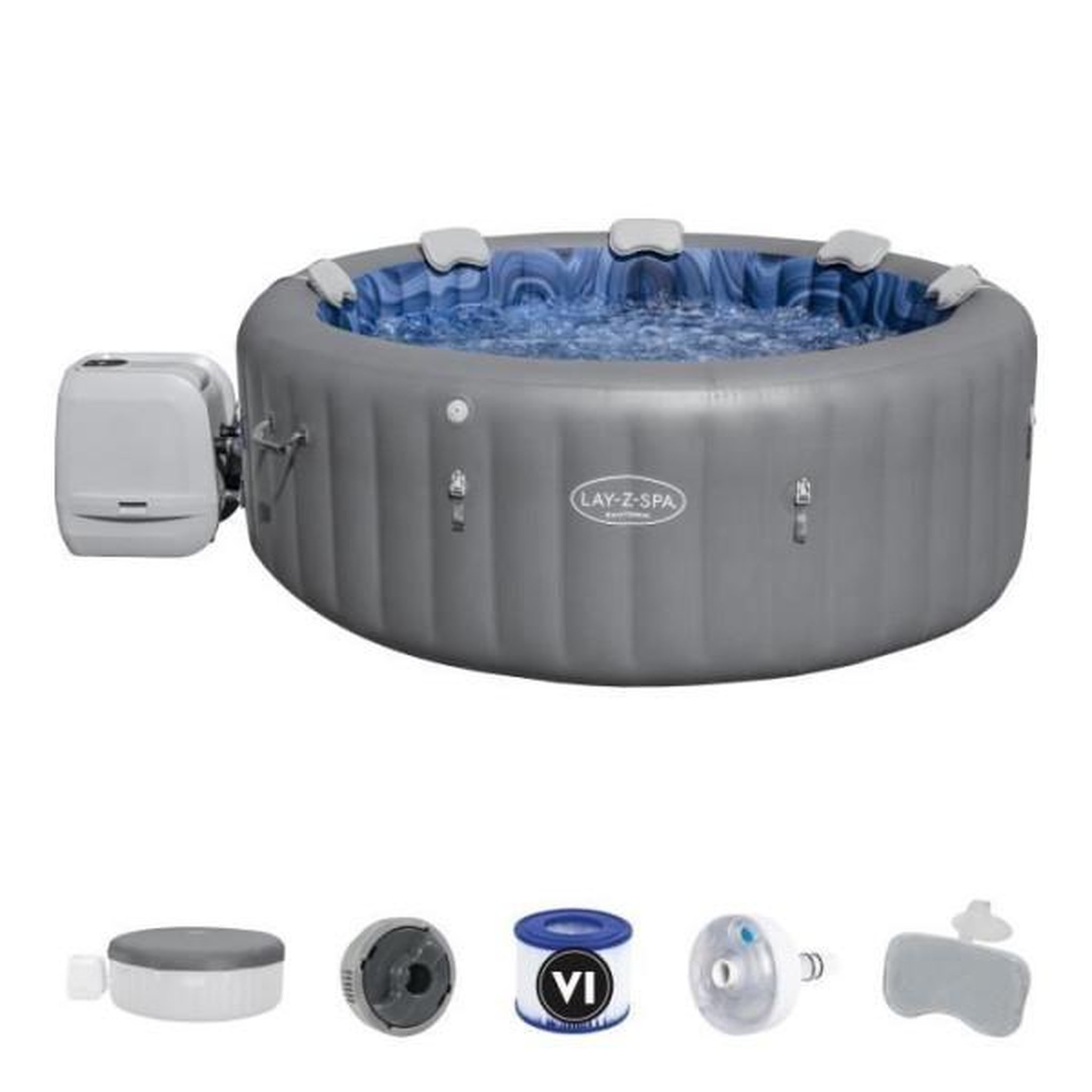 BESTWAY Spa gonflable BESTWAY - Lay-Z-Spa Santorini - 5 a 7 places -Rond (Livré avec 5 appuie-tete rembourrés + 2 LED a eau ColorJet)