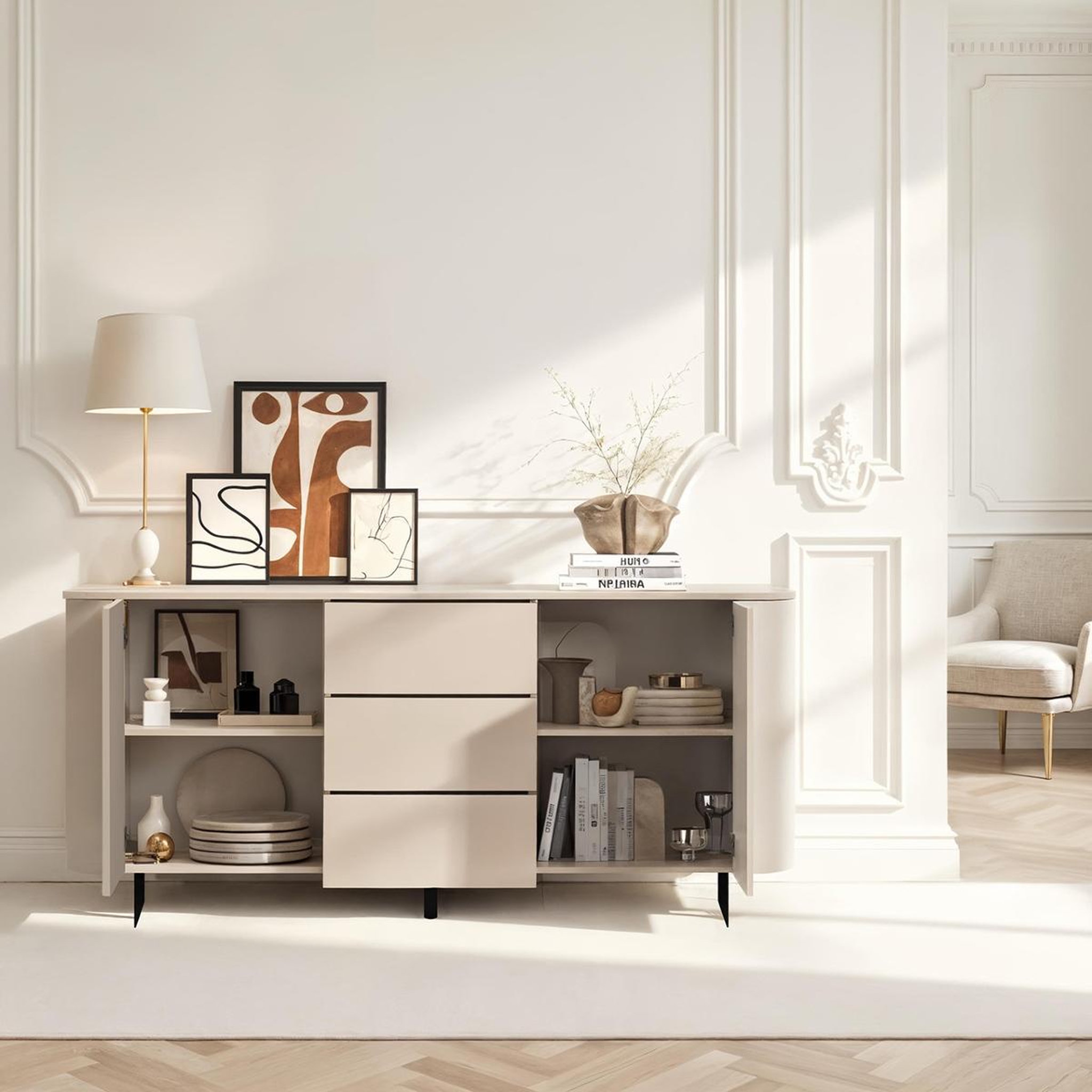 Voir la diapositive 4 : JLC KREATION Buffet bas arrondi beige cachemire 180cm isabela