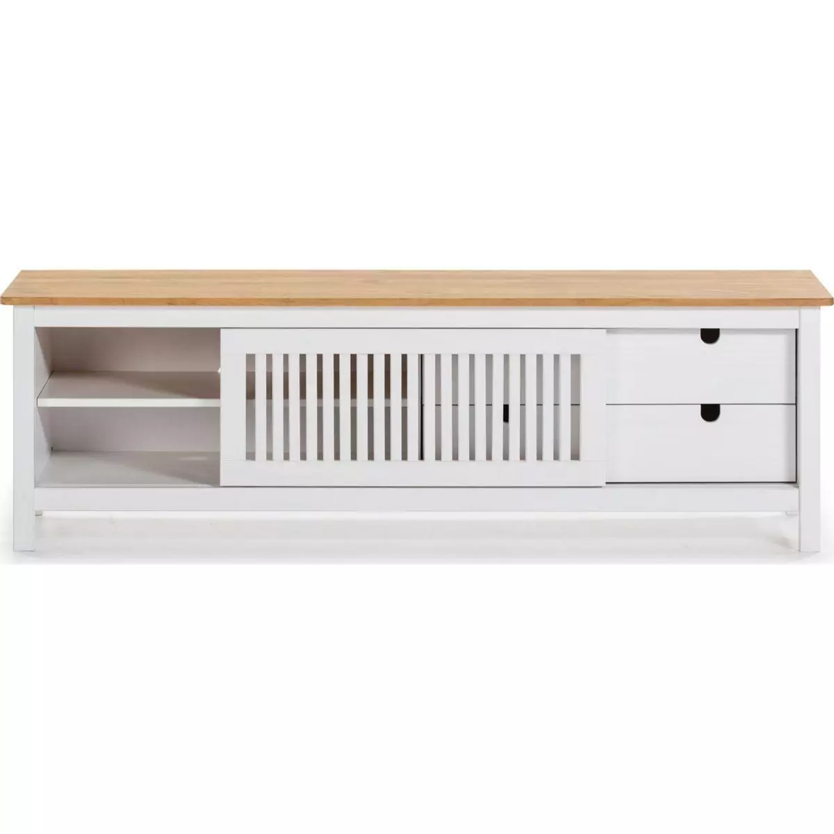 HOMIFAB Meuble TV 1 porte coulissante 2 tiroirs en pin massif blanc / effet chêne 158 cm - Fabia