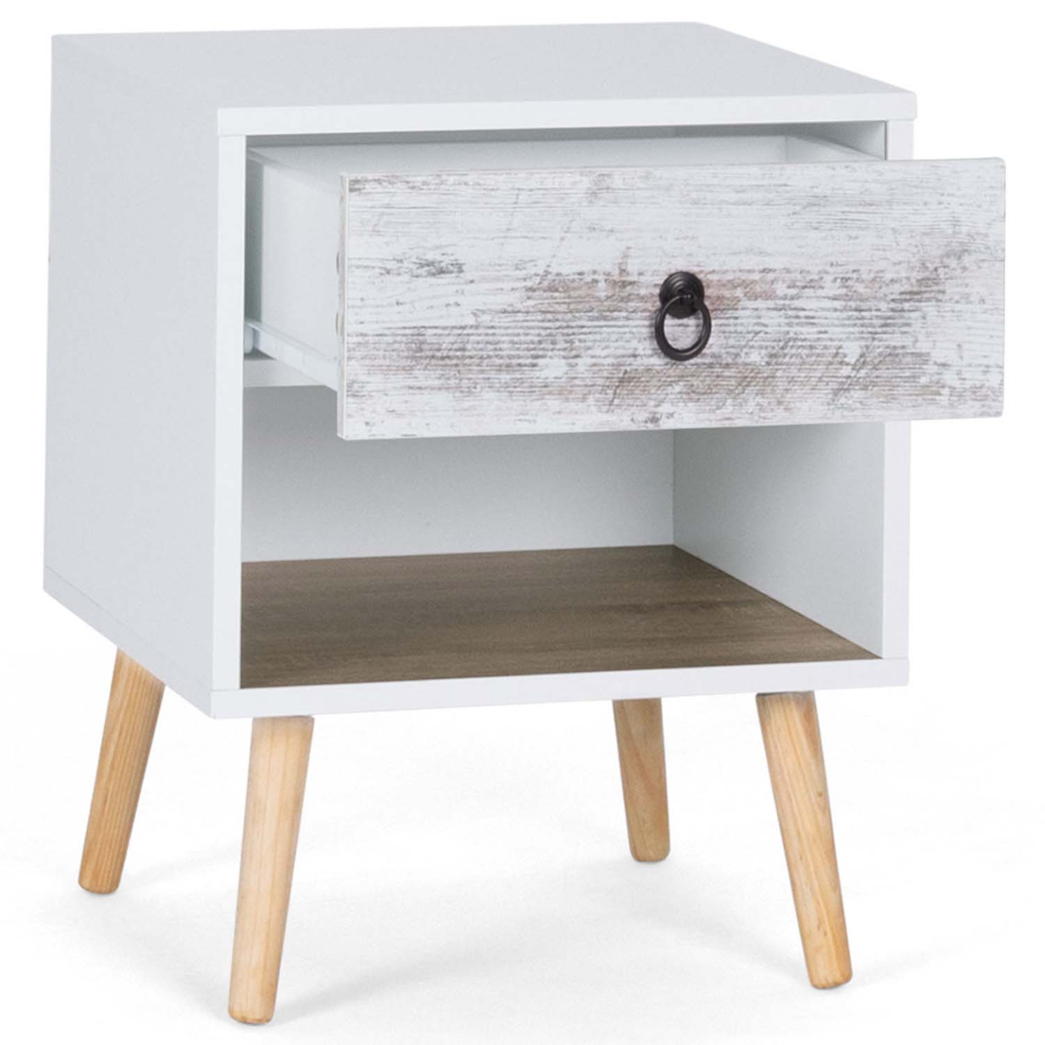 Voir la diapositive 4 : ID MARKET Lot de 2 tables de chevet BAHIA 1 tiroir avec niche scandinave