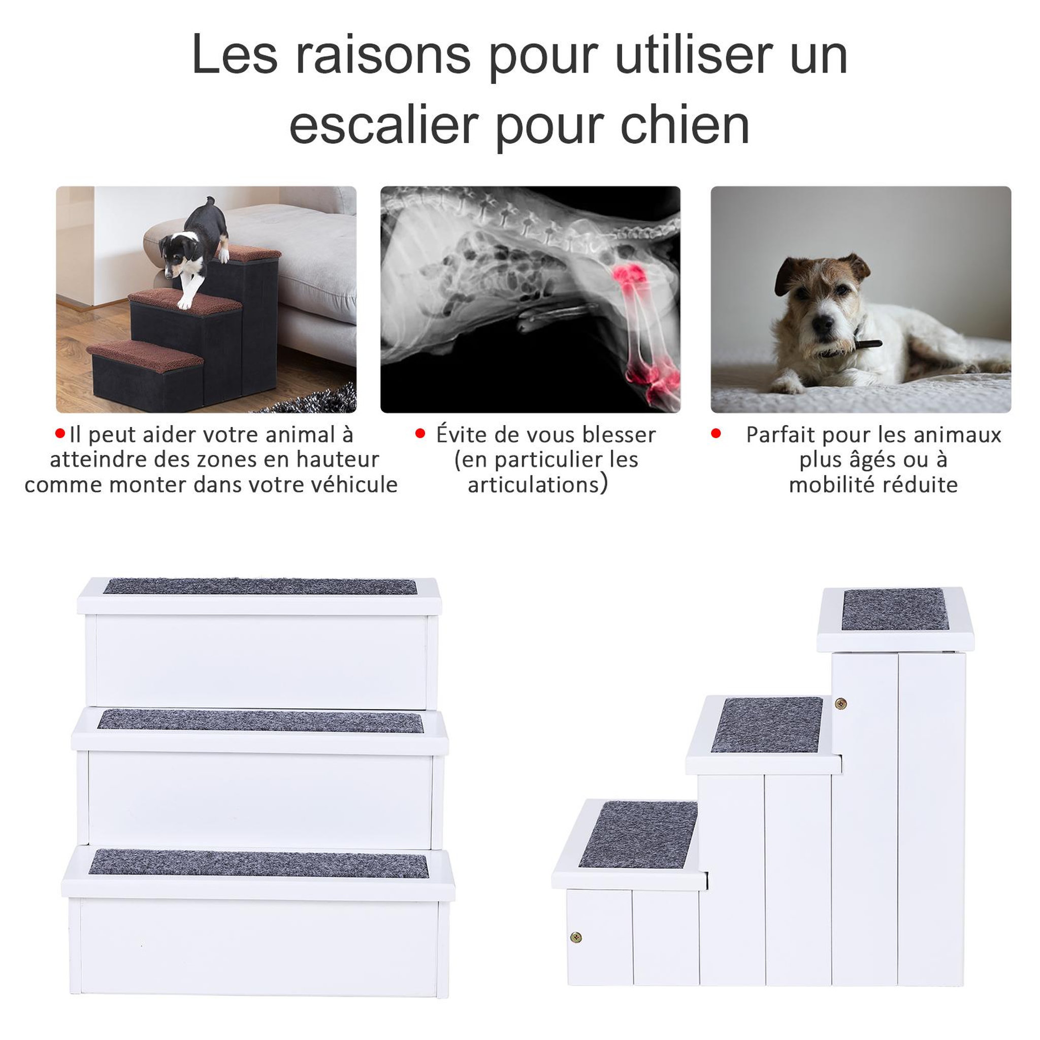 Voir la diapositive 5 : PAWHUT Escalier pour chien animaux rampe 3 marches revêtement tapis coffre interne rangement blanc