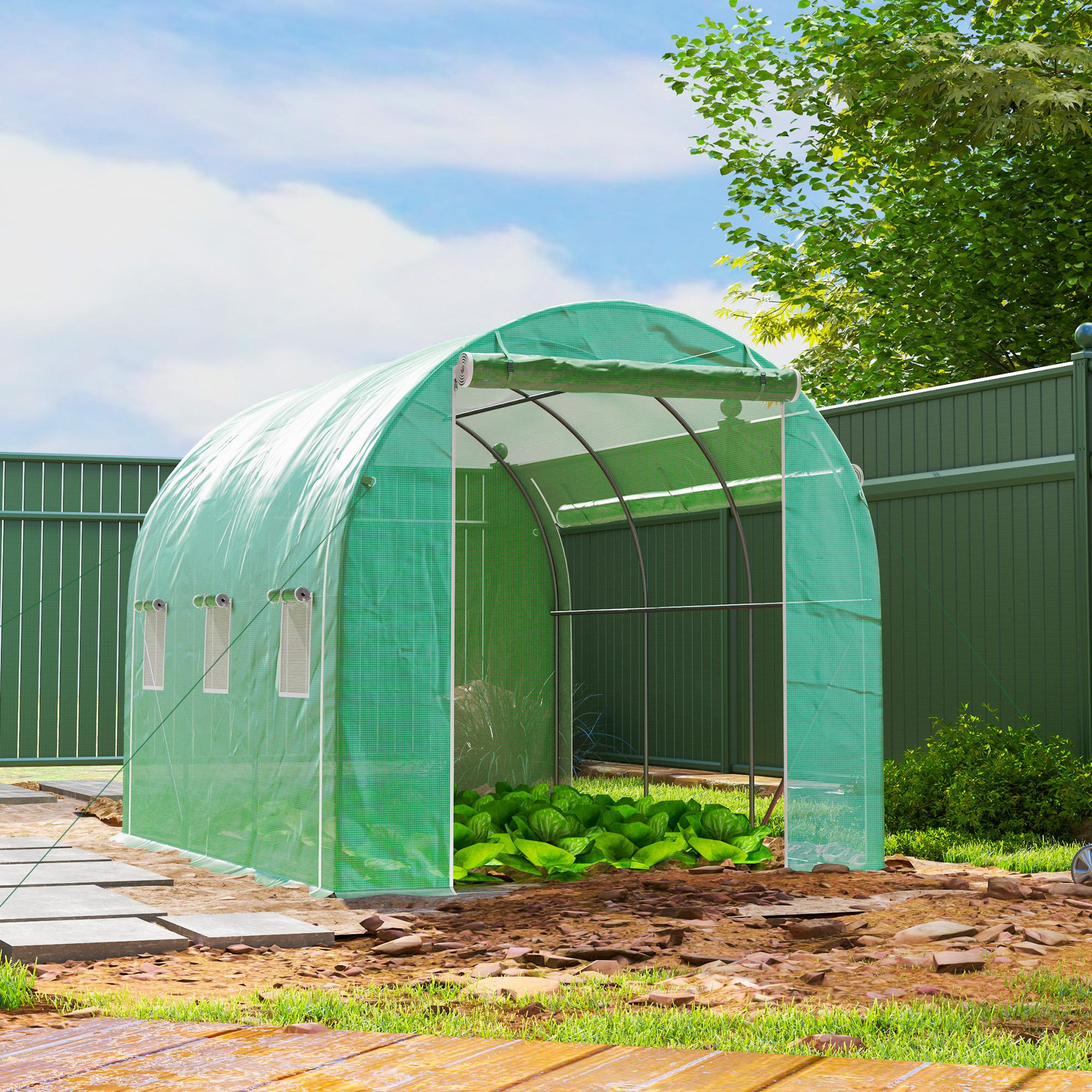 Voir la diapositive 5 : OUTSUNNY Serre de jardin tunnel 6 m² acier galvanisé renforcé dia. 1,9 cm bâche pe haute densité vert