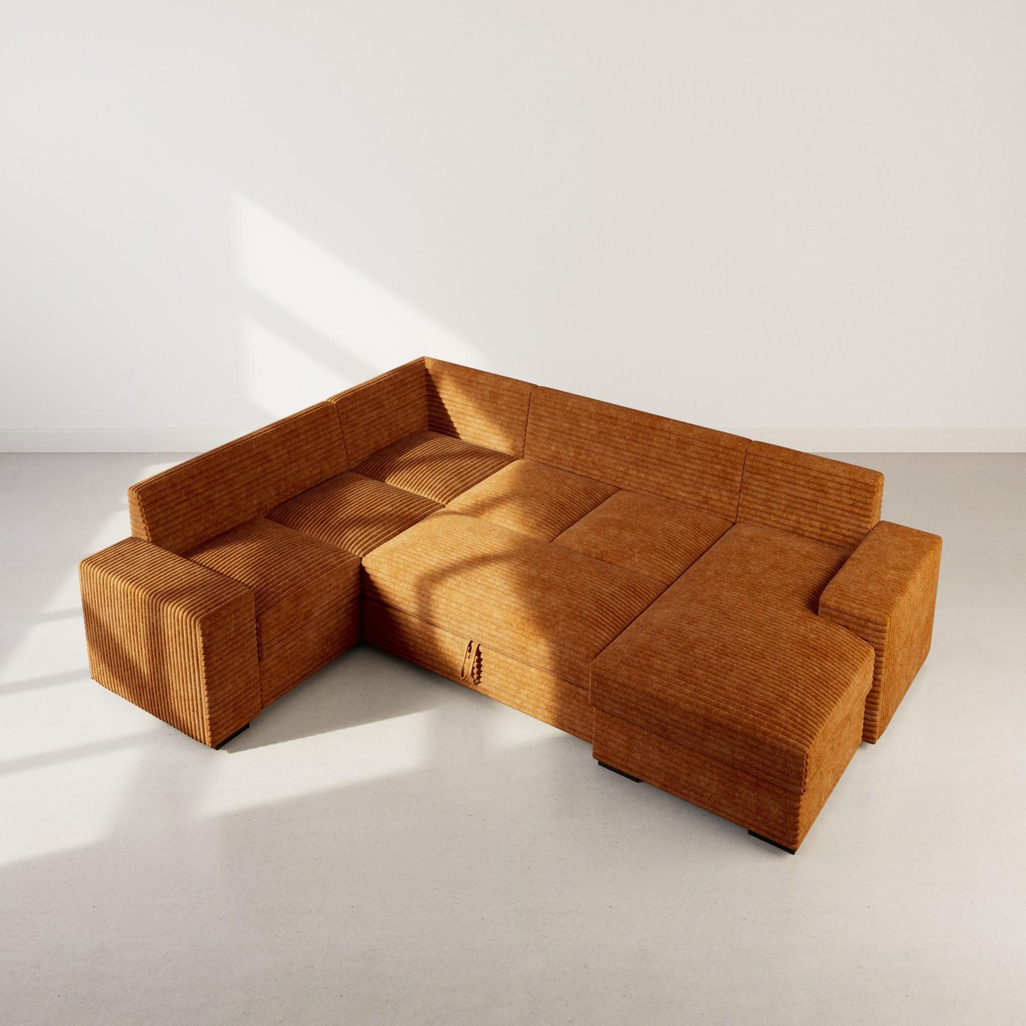 Voir la diapositive 5 : BEST MOBILIER Lorie - canapé panoramique d'angle gauche 7 places convertible en velours côtelé grosse côte avec coffre