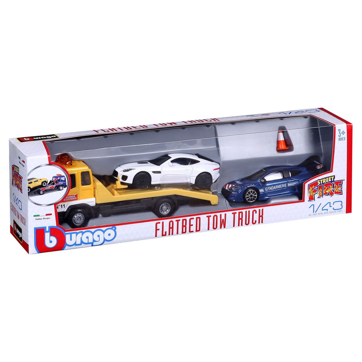 BURAGO Miniature camion dépanneuse avec véhicule et véhicule d'urgence 1/43e