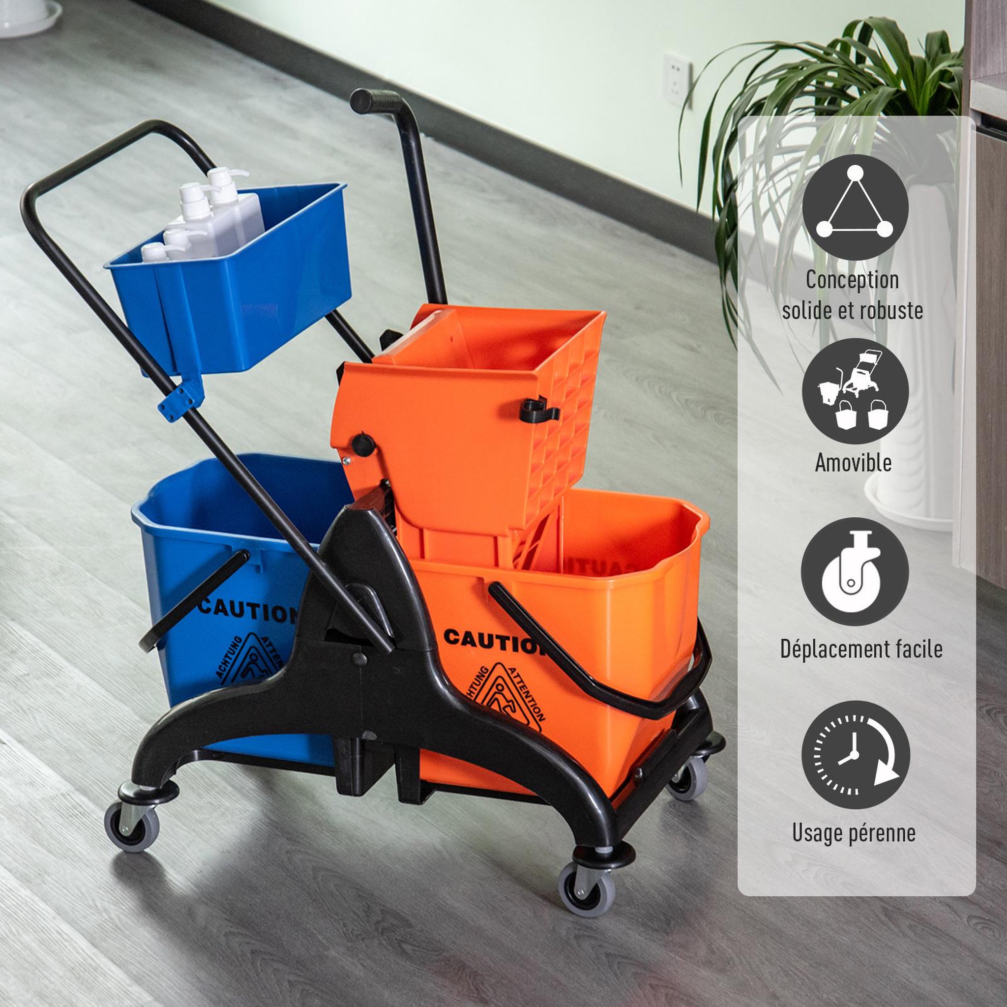 Voir la diapositive 5 : HOMCOM Chariot de lavage chariot de nettoyage professionnel presse à mâchoire 2 seaux + rangement orange bleu
