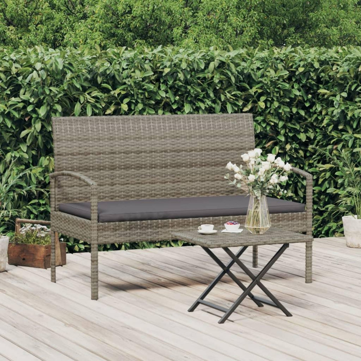 VIDAXL Banc de jardin avec coussin gris 105 cm resine tressee