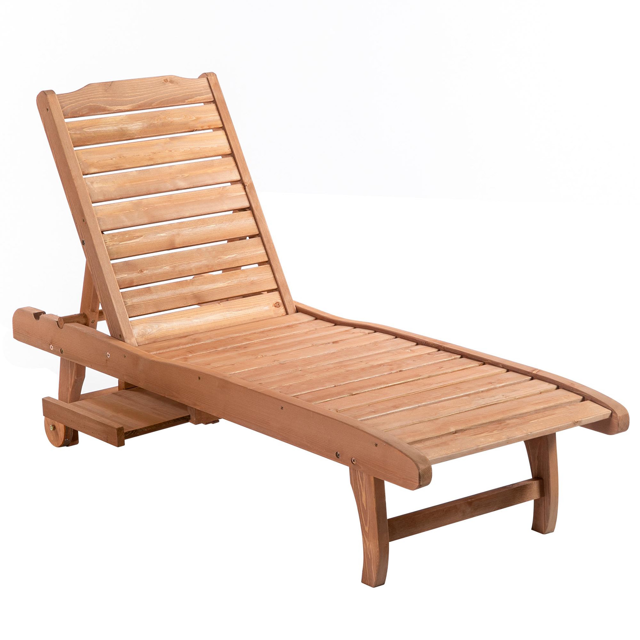 Voir la diapositive 1 : OUTSUNNY Bain de soleil transat style colonial dossier réglable 3 positions roulettes tablette support bois sapin pré-huilé
