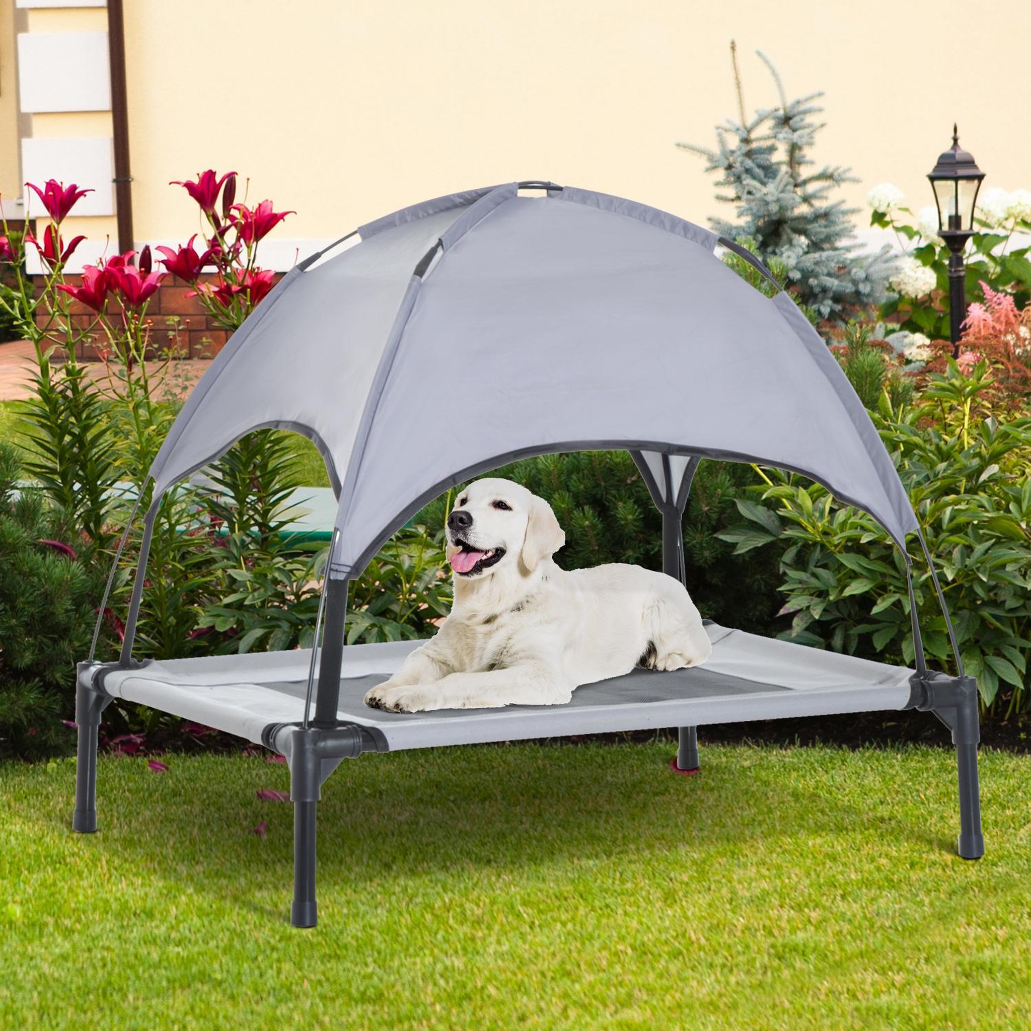 Voir la diapositive 2 : PAWHUT Lit pour chien chat sur pieds lit de camp lit surélevé rafraîchissant velum anti-uv oxford micro-perforé parasol et sac de transport inclus dim. 61l x 46l x 61h cm gris noir