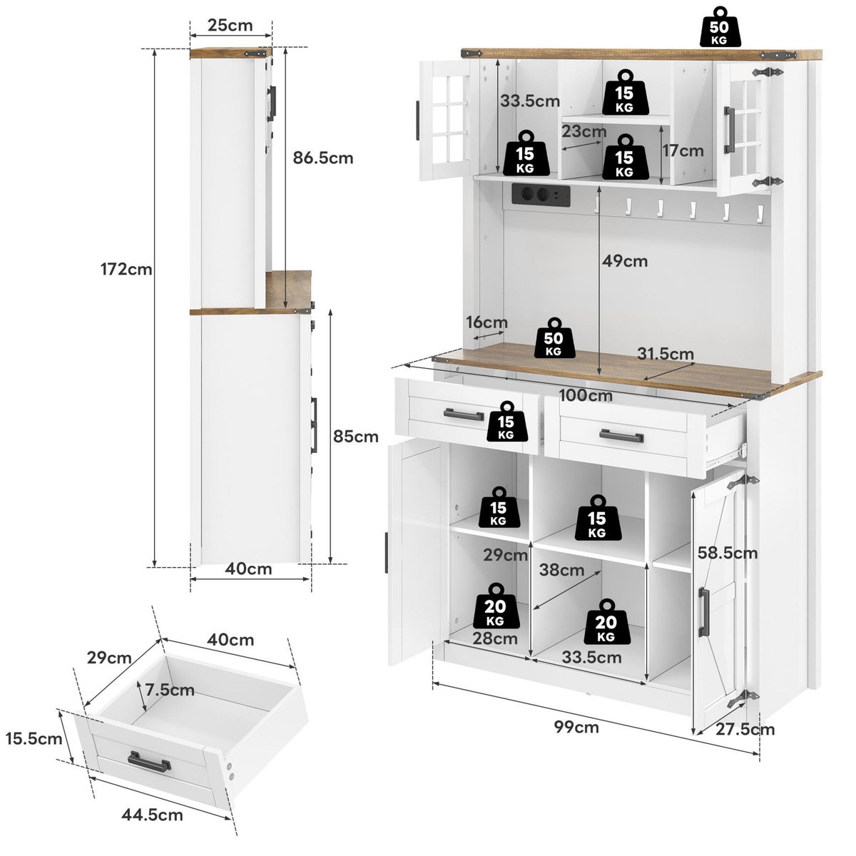MERAX Buffet de cuisine 4 portes 2 tiroirs - 100 cm blanc mdf