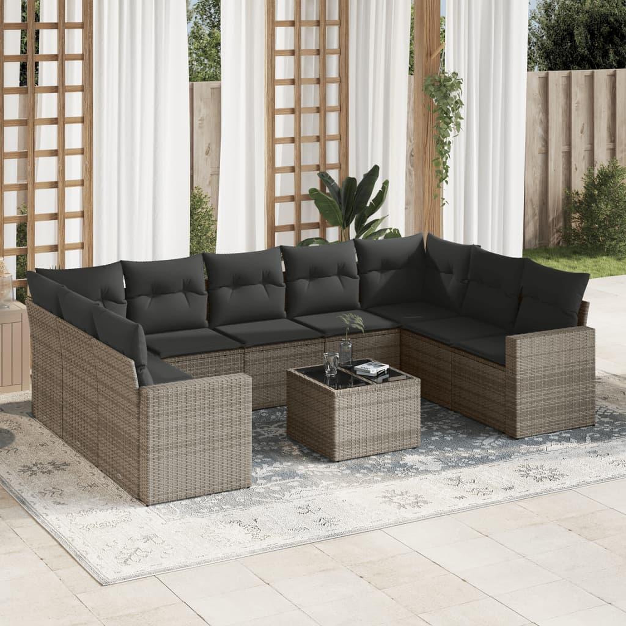 VIDAXL Salon de jardin avec coussins 10 pcs gris resine tressee