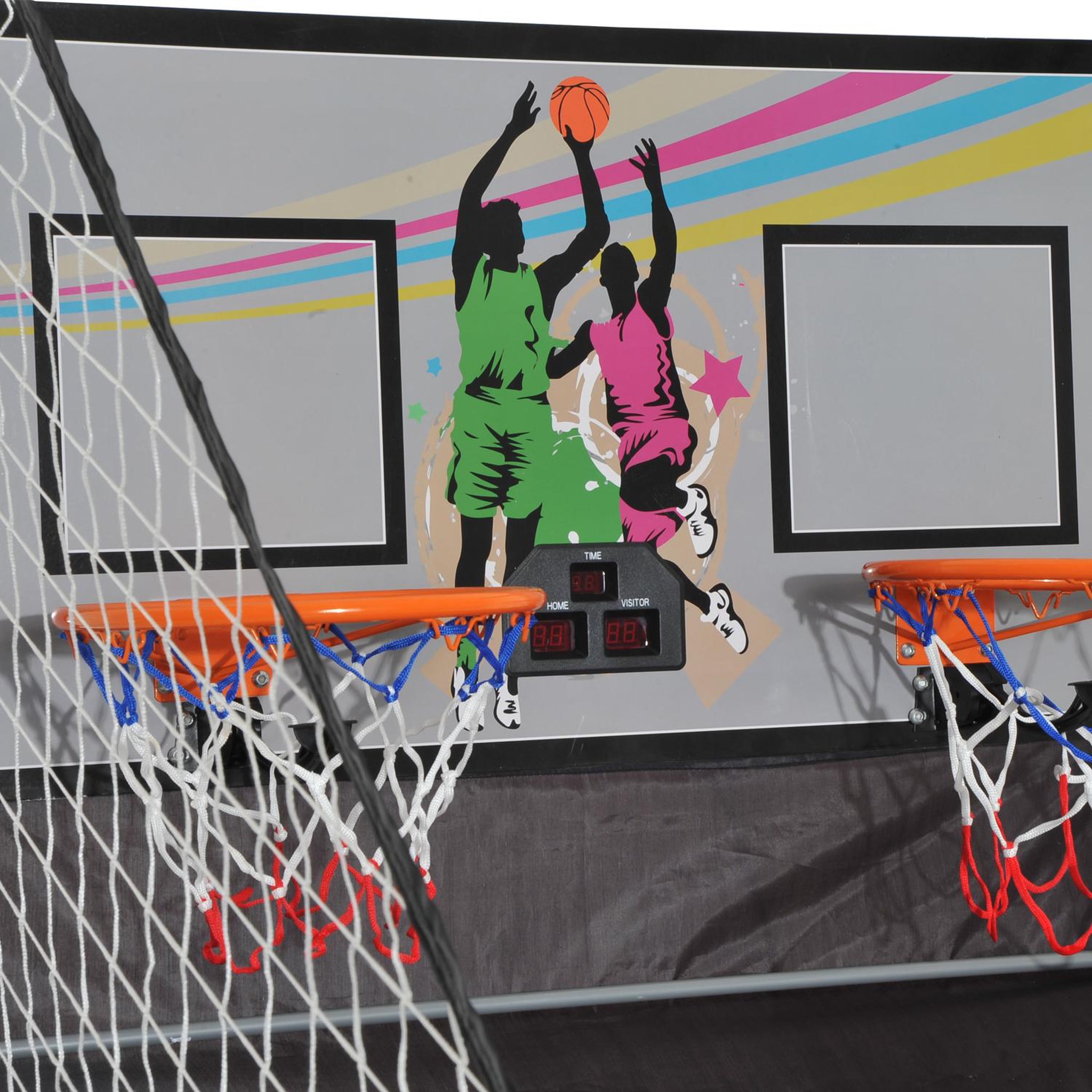 Voir la diapositive 4 : HOMCOM Panier de basket pliable jeu de basketball arcade double shootout double panier compteur électronique 4 ballons et pompe acier noir et blanc