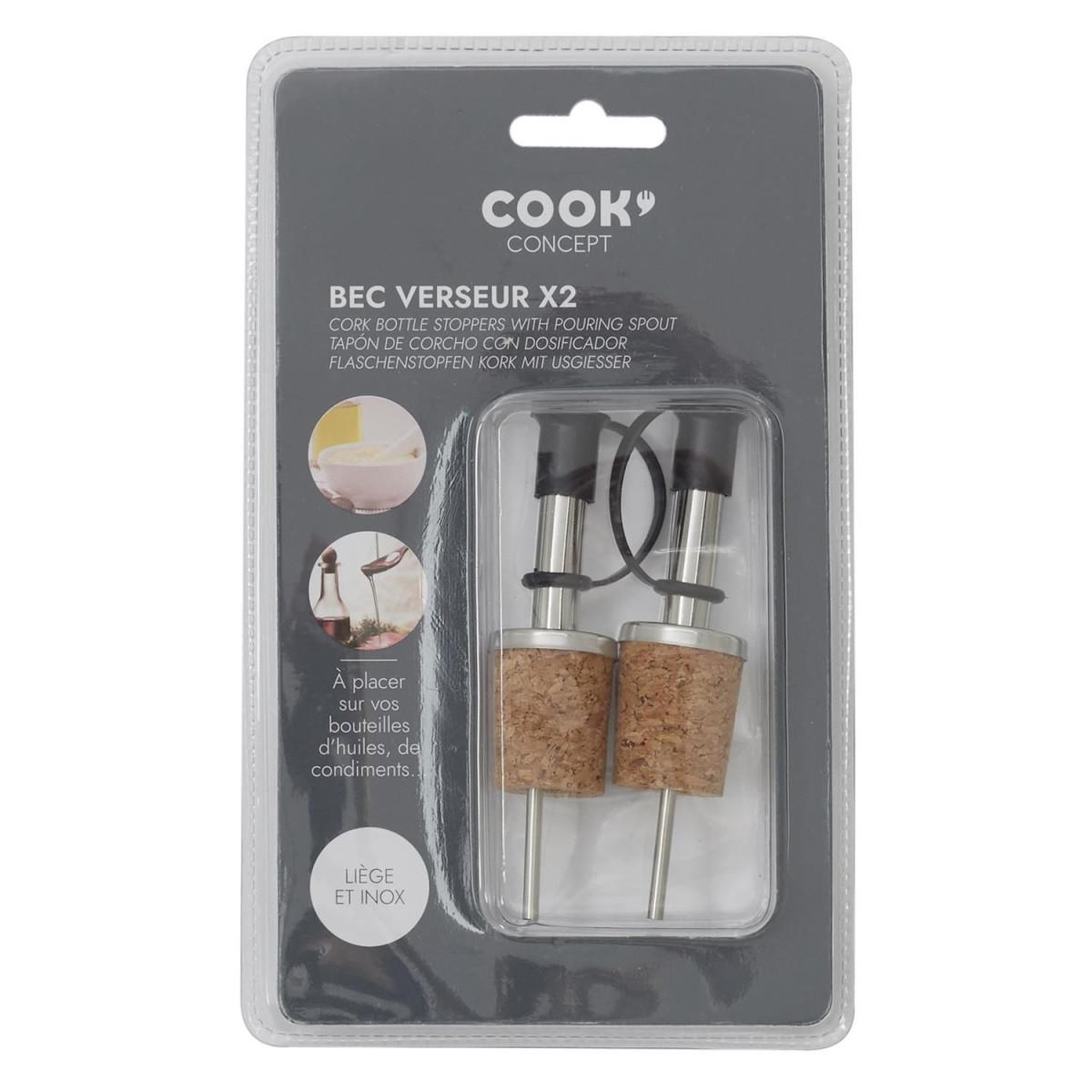 Voir la diapositive 3 : COOK CONCEPT Lot de 2 bouchons en liège  bec verseur  10cm argent