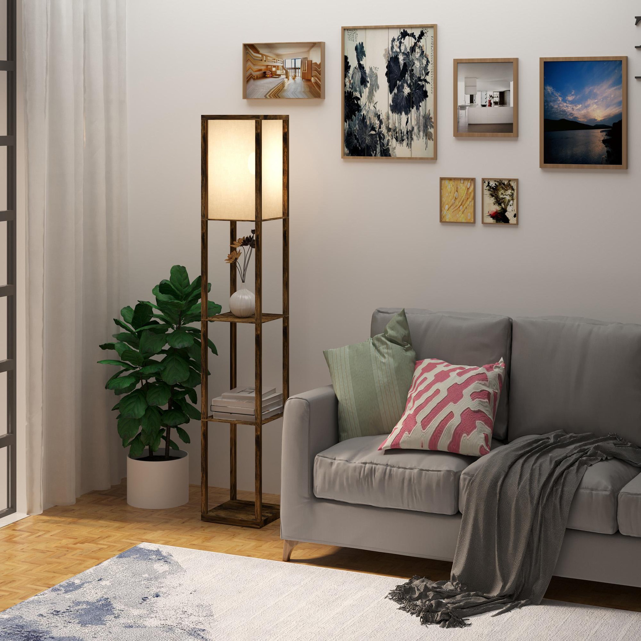 Voir la diapositive 2 : HOMCOM Lampadaire étagère lampe étagère 26l x 26l x 160h cm 3 étagères 4 niveaux mdf aspect bois vieilli
