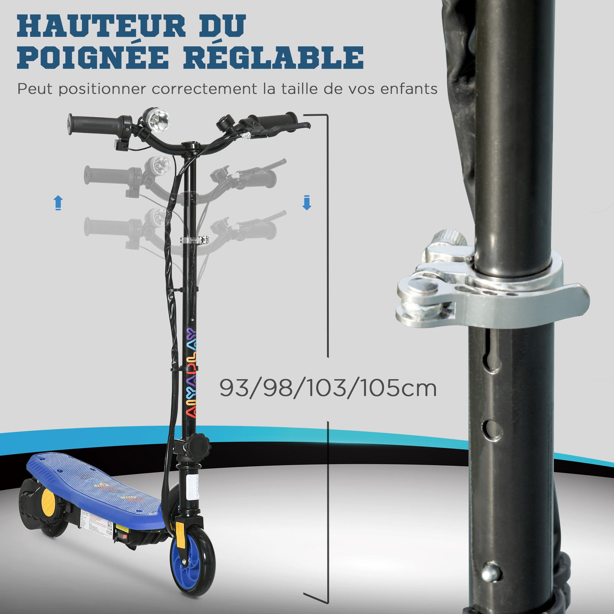 Voir la diapositive 6 : HOMCOM Trottinette électrique 120 W pliable pour enfant 7-14 ans 12 Km/h max. autonomie 10 Km max. bleu