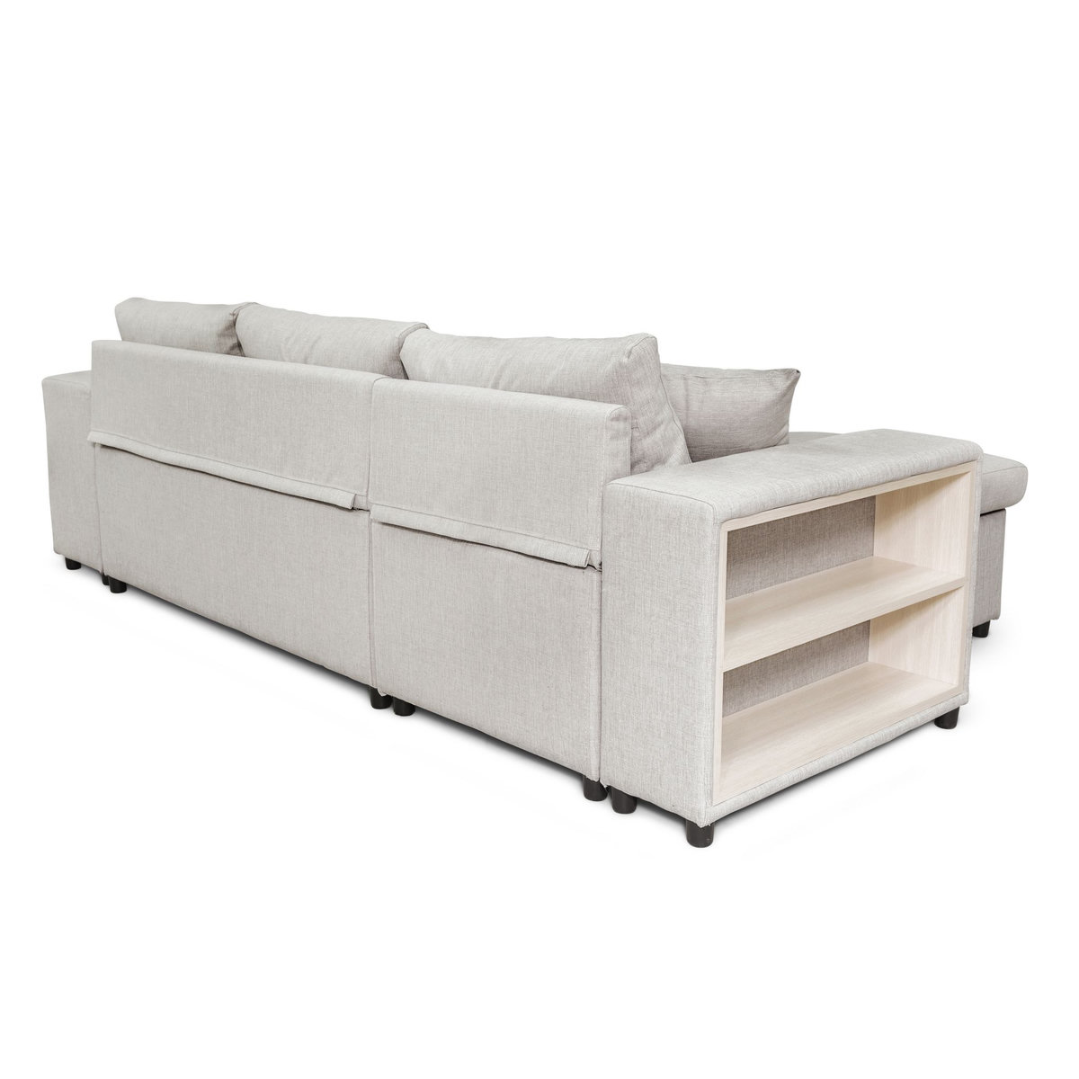 Canapé d'angle convertible avec coffre 3 places + 2 poufs à droite et étagère à gauche MACHA