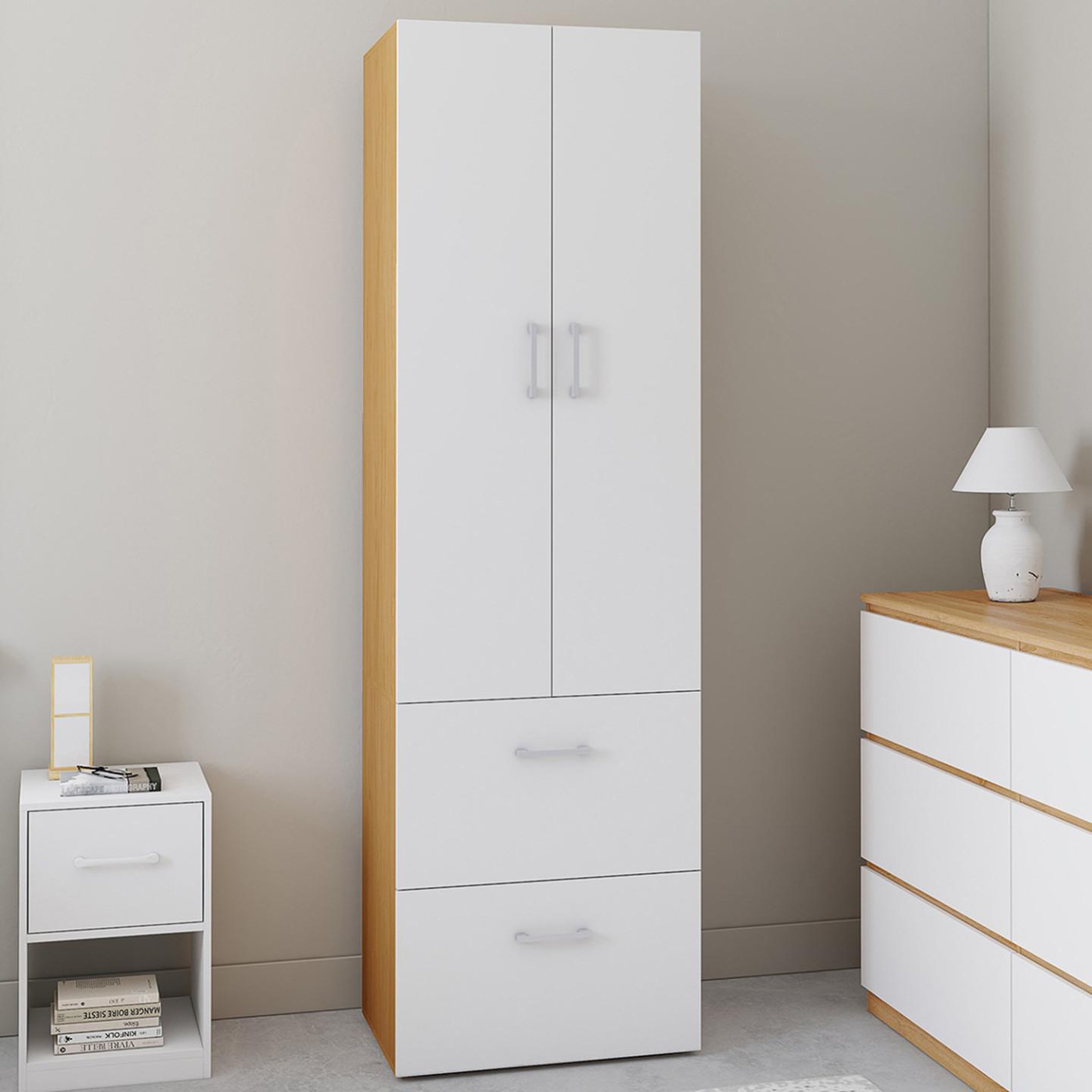 Voir la diapositive 2 : ID MARKET Armoire 2 portes juliana blanc et bois penderie 50 cm avec 2 tiroirs