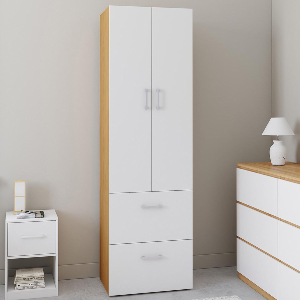 ID MARKET Armoire 2 portes JULIANA blanc et bois penderie 50 cm avec 2 tiroirs