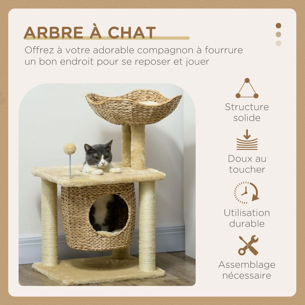 PAWHUT Arbre à chat style cosy chic griffoirs boule ressort niche panier 2 coussins inclus quenouille sisal naturel peluche beige