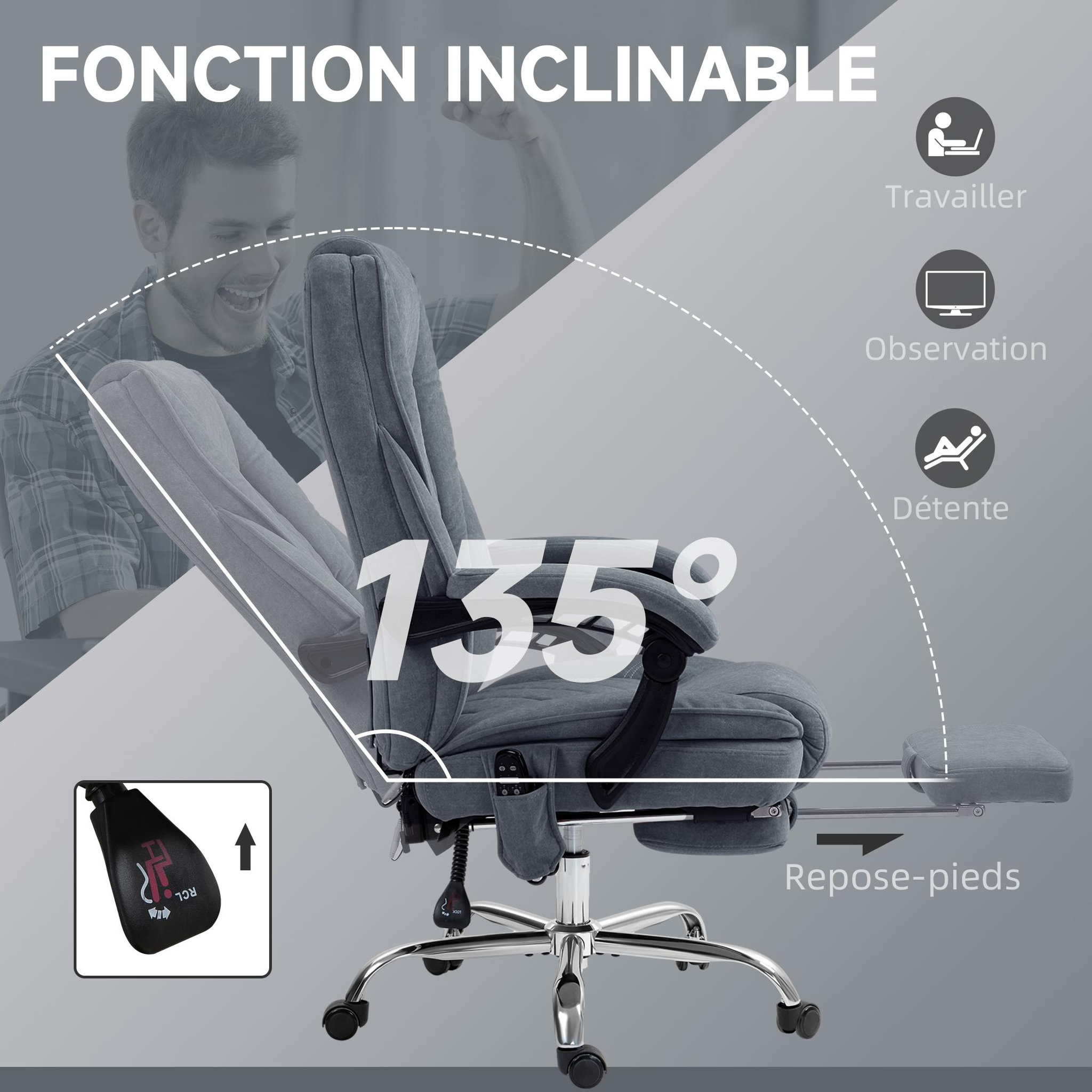 Voir la diapositive 6 : VINSETTO Fauteuil de bureau manager massant chauffant inclinable réglable télécommande repose-pieds rétractable velours gris bleuté