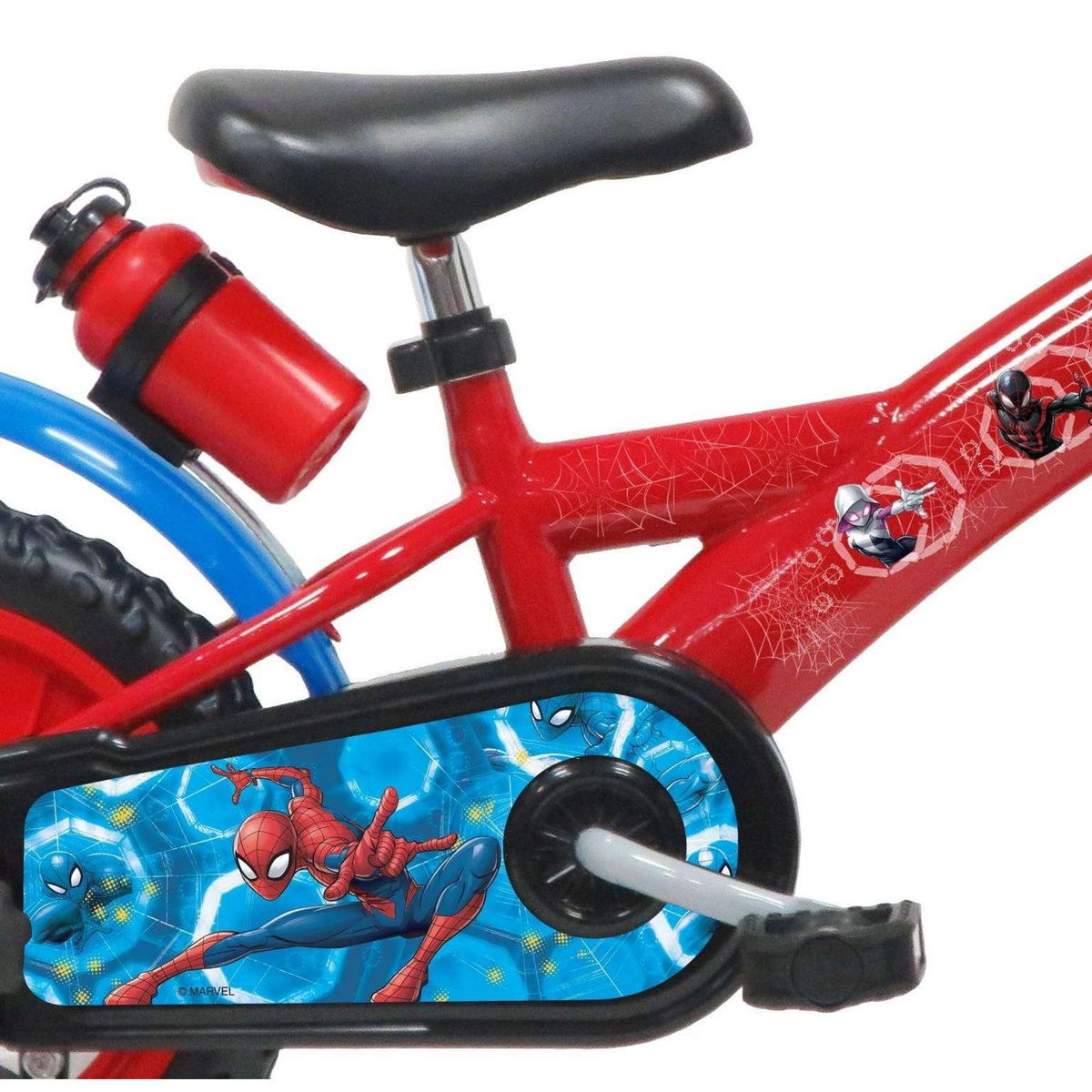 Marvel Vélo enfant - Modèle 12'' Spiderman + Casque pour enfant de 85/100 cm avec stabilisateurs - Plaque décorative avant - Porte bidon - 1 frein et roues à bâtons