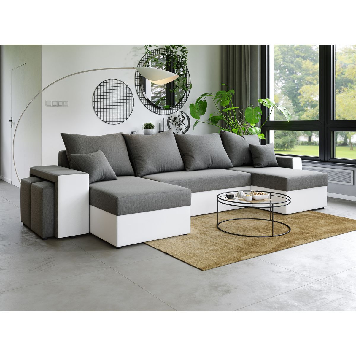 Canapé panoramique convertible 6 places avec étagères et poufs intégrés AUSTIN