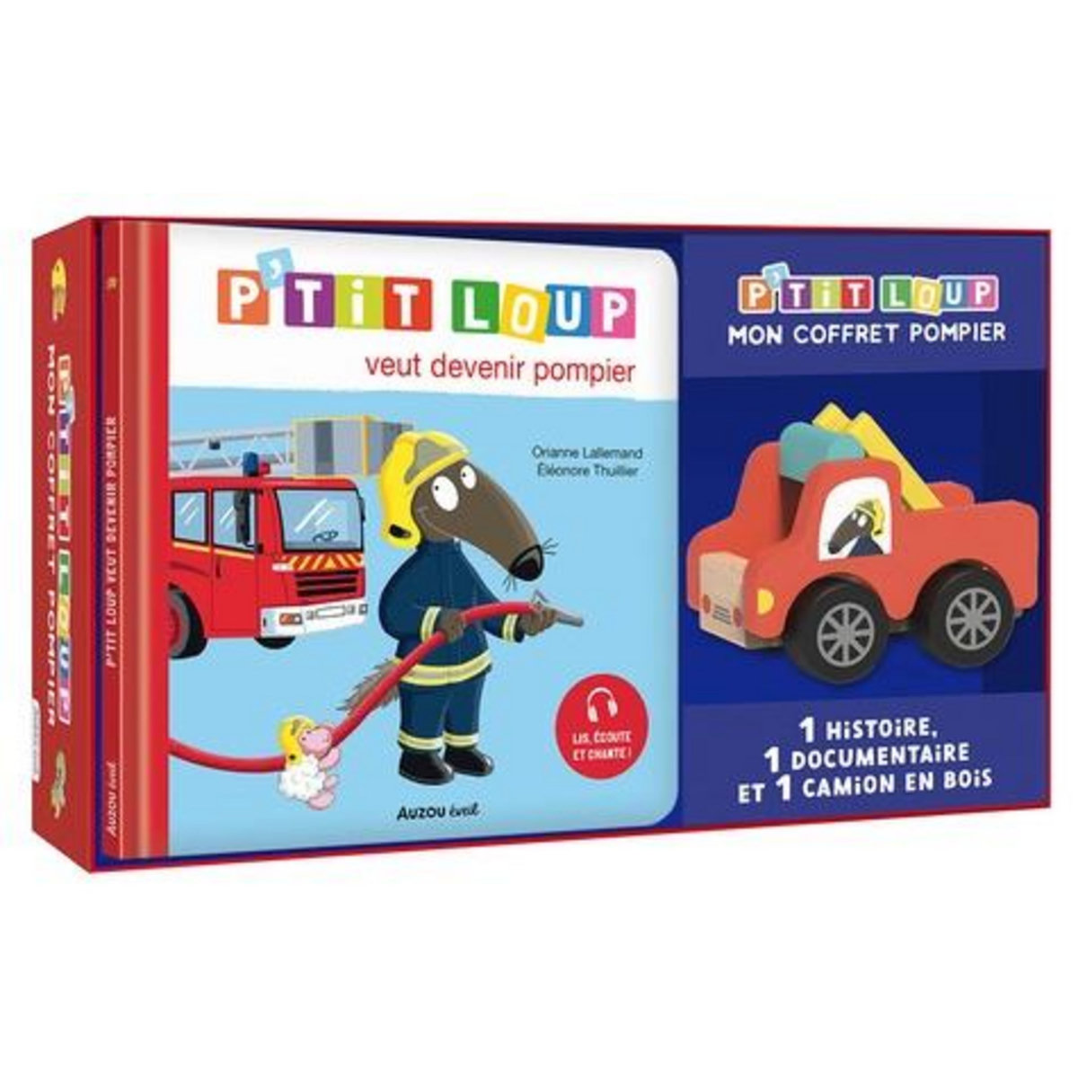 P'TIT LOUP : A LA DECOUVERTE DES POMPIERS. COFFRET AVEC 1 HISTOIRE, I DOCUMENTAIRE, 1 CAMION EN BOIS OFFERT, Lallemand Orianne