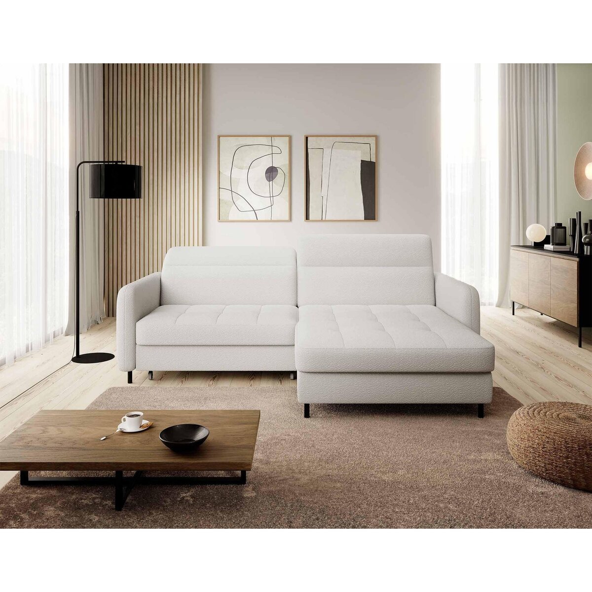 BEST MOBILIER Sagada - canapé d'angle droit 4 places - convertible avec coffre et têtières - en tissu bouclette