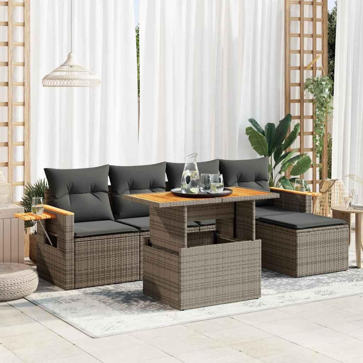VIDAXL Salon de jardin avec coussins 6 pcs gris resine tressee acacia