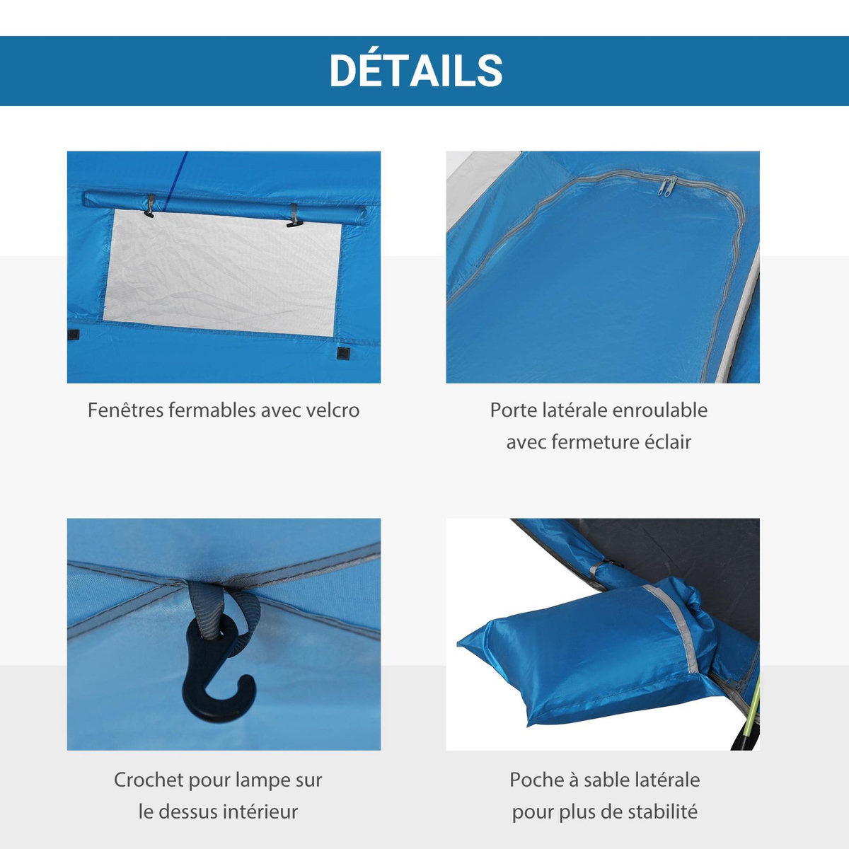 OUTSUNNY Abri de camping tente de plage instantanée portable 2 fenêtres porte zippée lestage polyester bleu
