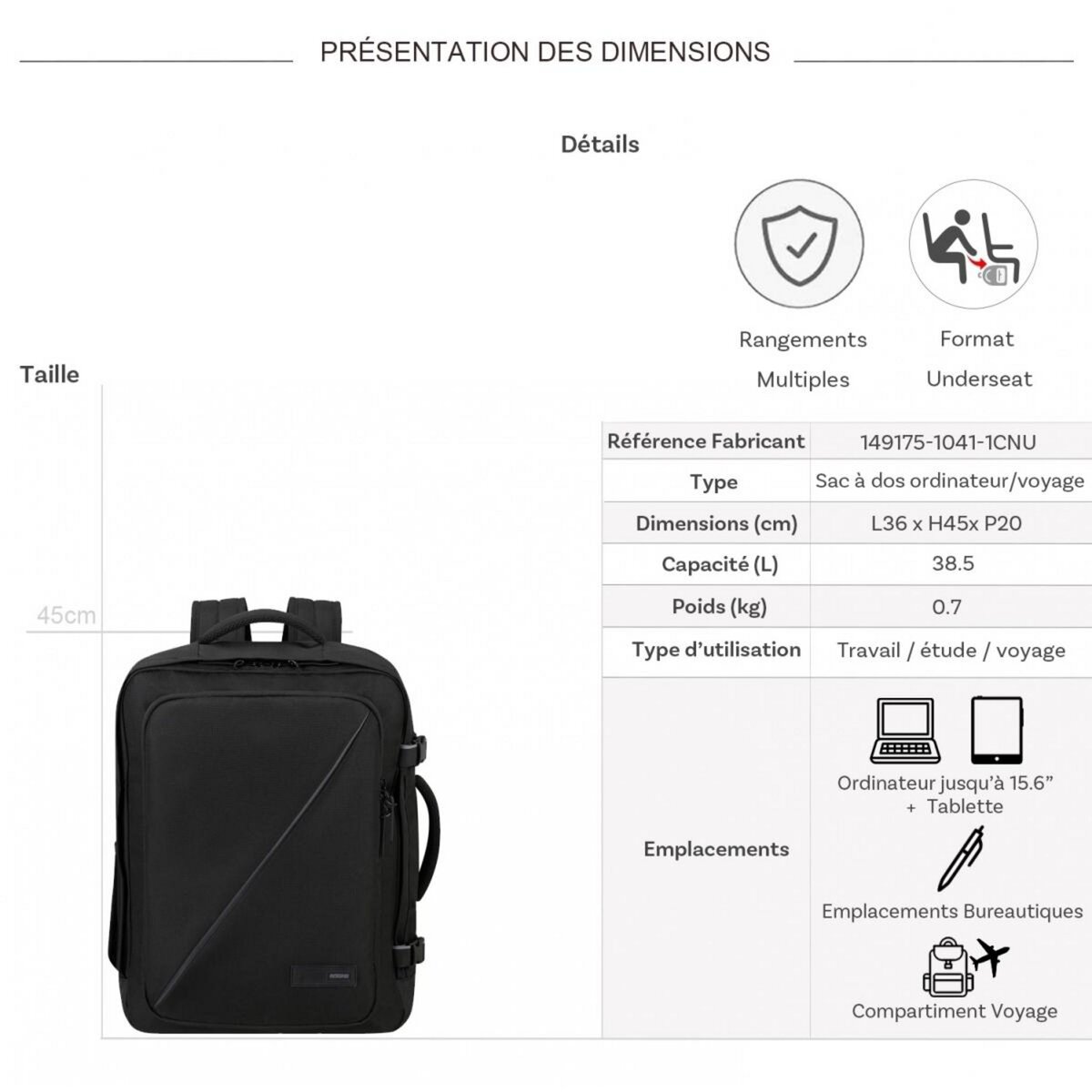 American Tourister Sac à dos porte-ordinateur et voyage underseat Take 2 Cabin 15.6