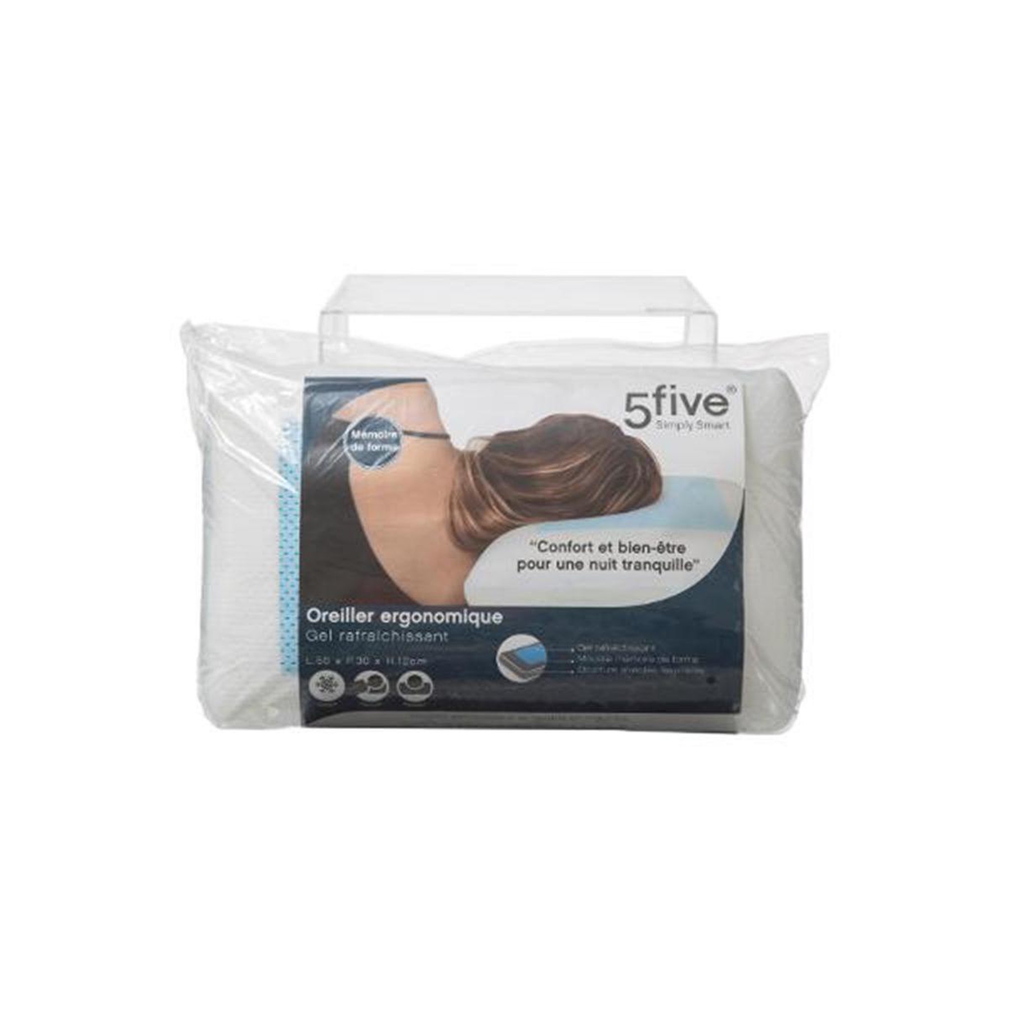 Voir la diapositive 2 : FIVE Oreiller Ergonomique  Gel Box  30x50cm Blanc
