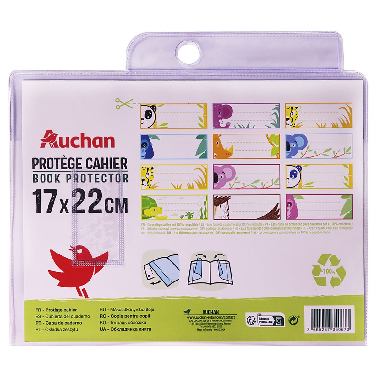 AUCHAN Protège cahiers 17x22cm à rabats cristal blanc translucide