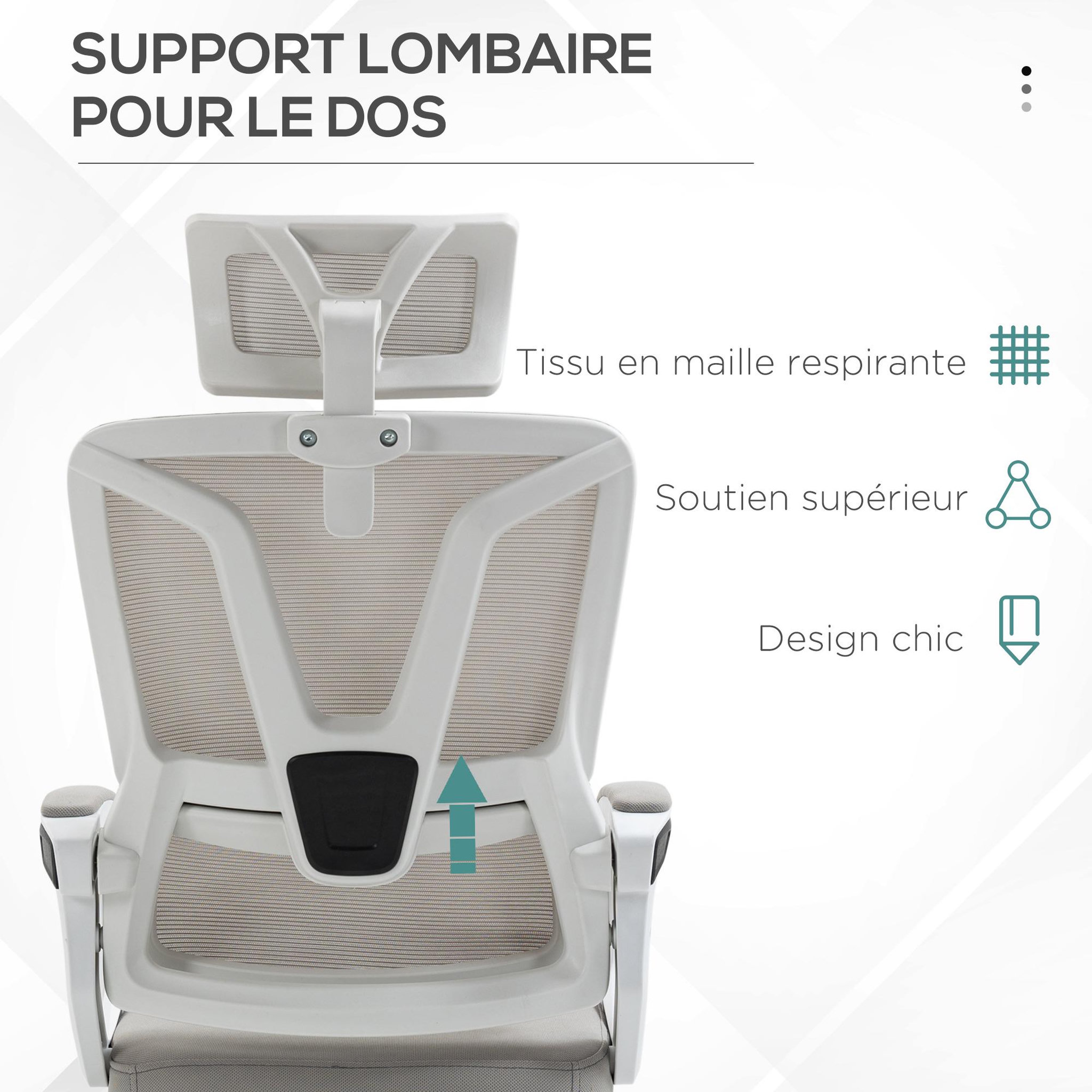 Voir la diapositive 5 : VINSETTO Fauteuil de bureau ergonomique inclinable réglable - repose-pied rétractable, support lombaires, tétière ajustable - blanc gris