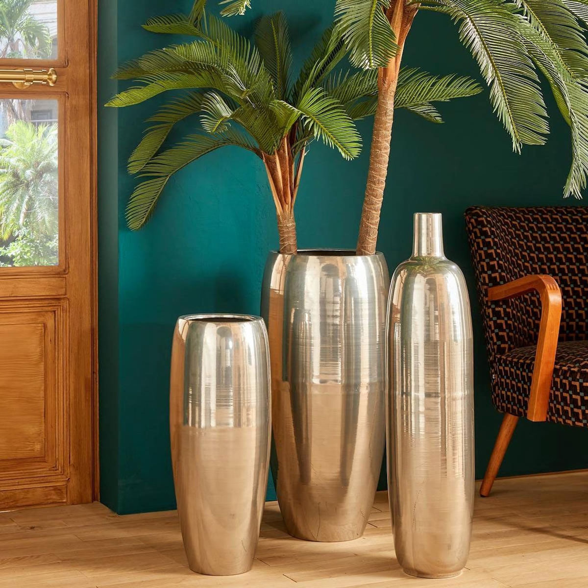 ATMOSPHERA Lot de 2 Cache-Pot en Métal  The Palm Resort  70cm Argent