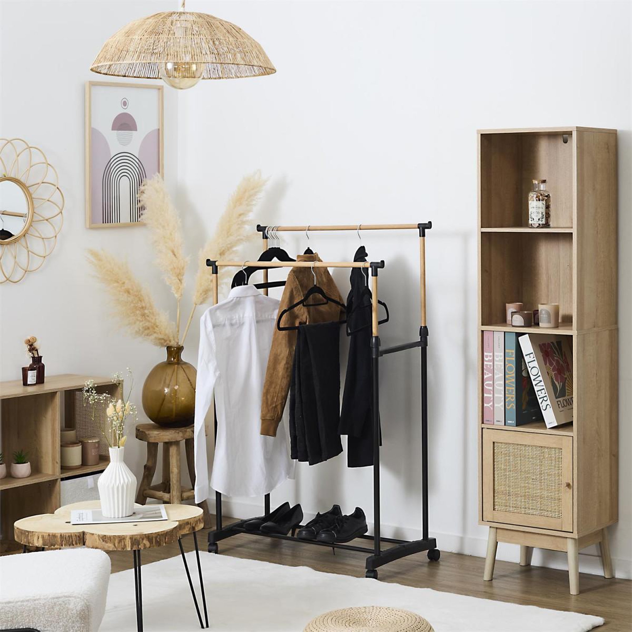 Voir la diapositive 6 : Je cherche une idee Portant à vêtements double ajustable  effet bois  160cm noir