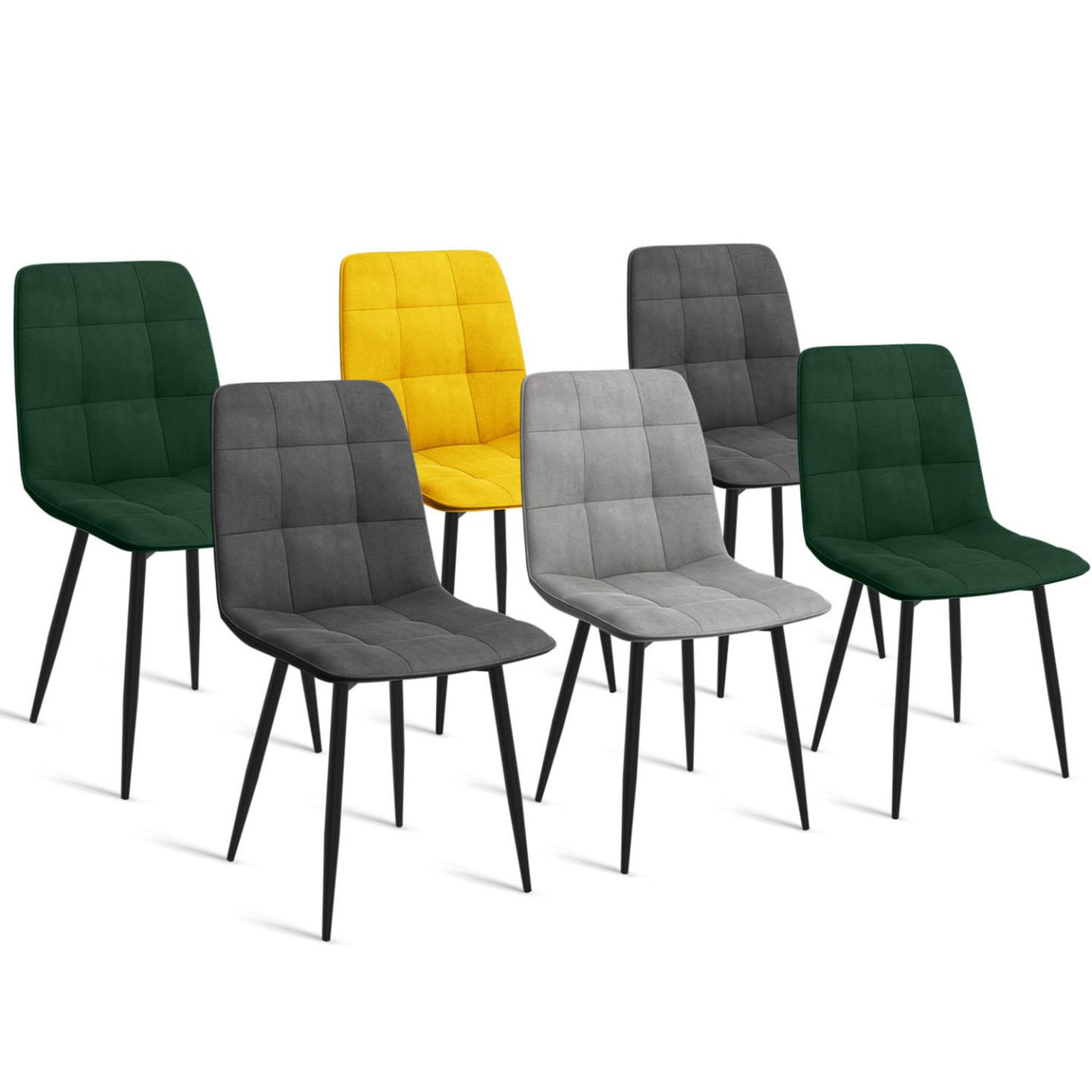 ID MARKET Lot de 6 chaises mila en velours mix color vert x2, gris foncé x2, gris clair, jaune