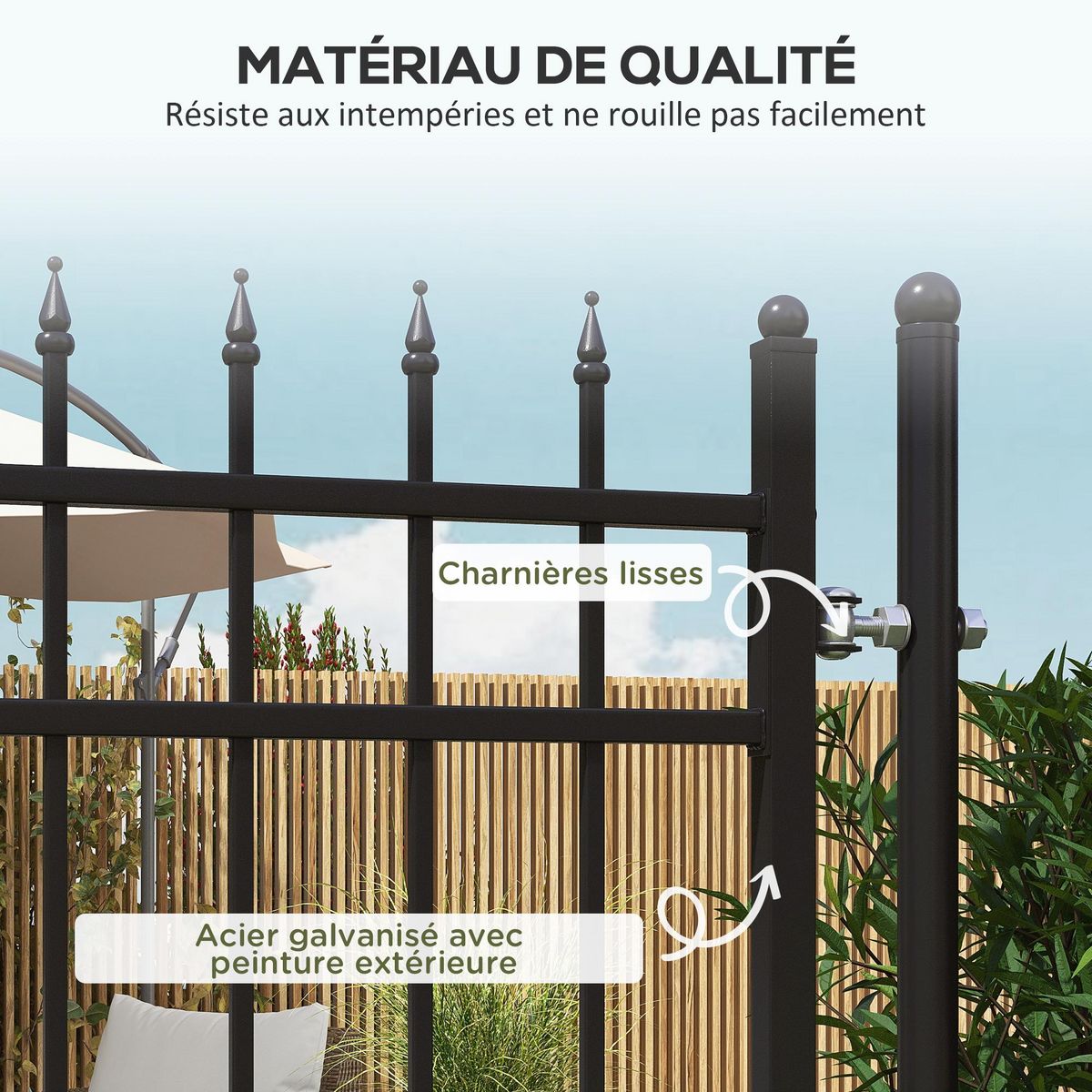 OUTSUNNY Portillon acier galvanisé style fer forgé dim. 107 x 204H cm - serrure, poignée, clés - noir