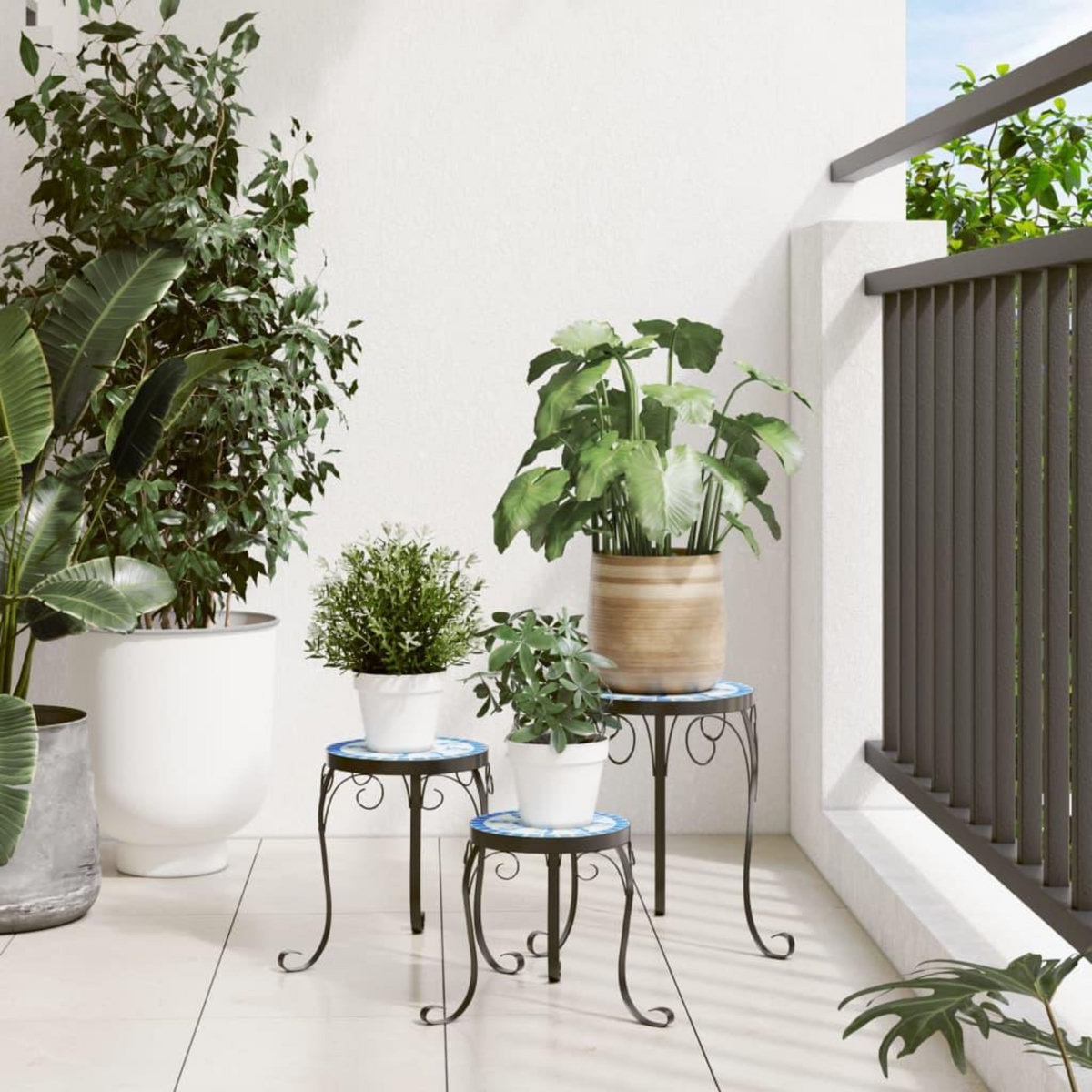 VIDAXL Supports pour plantes 3 pcs bleu et blanc ceramique